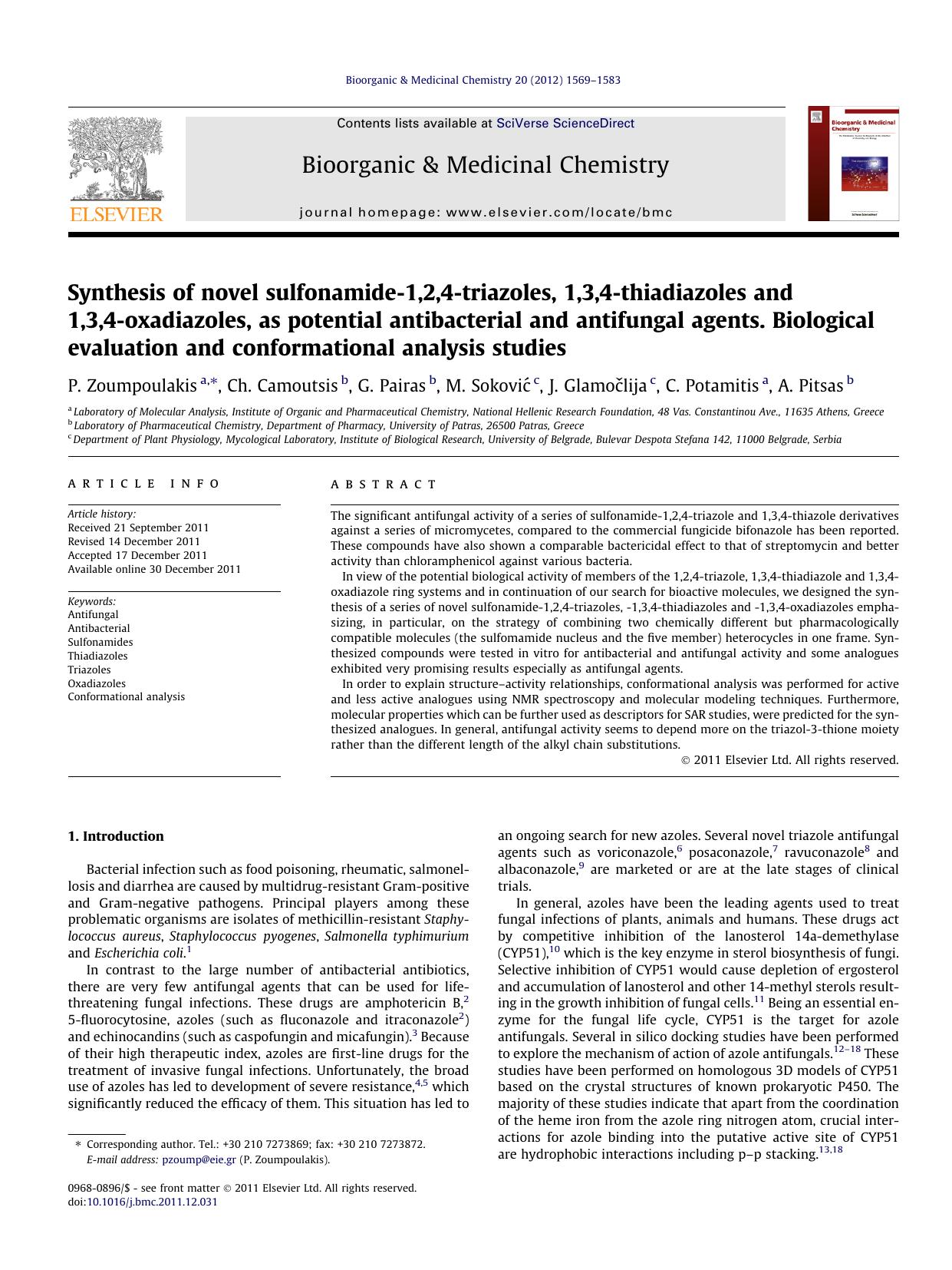 Synthesis of novel sulfonamide-1,2,4-triazoles, 1,3,4-thiadiazoles and 1,3,4-oxadiazoles, as potential antibacterial and antifungal agents. Biological evaluation and conformational analysis studies by unknow