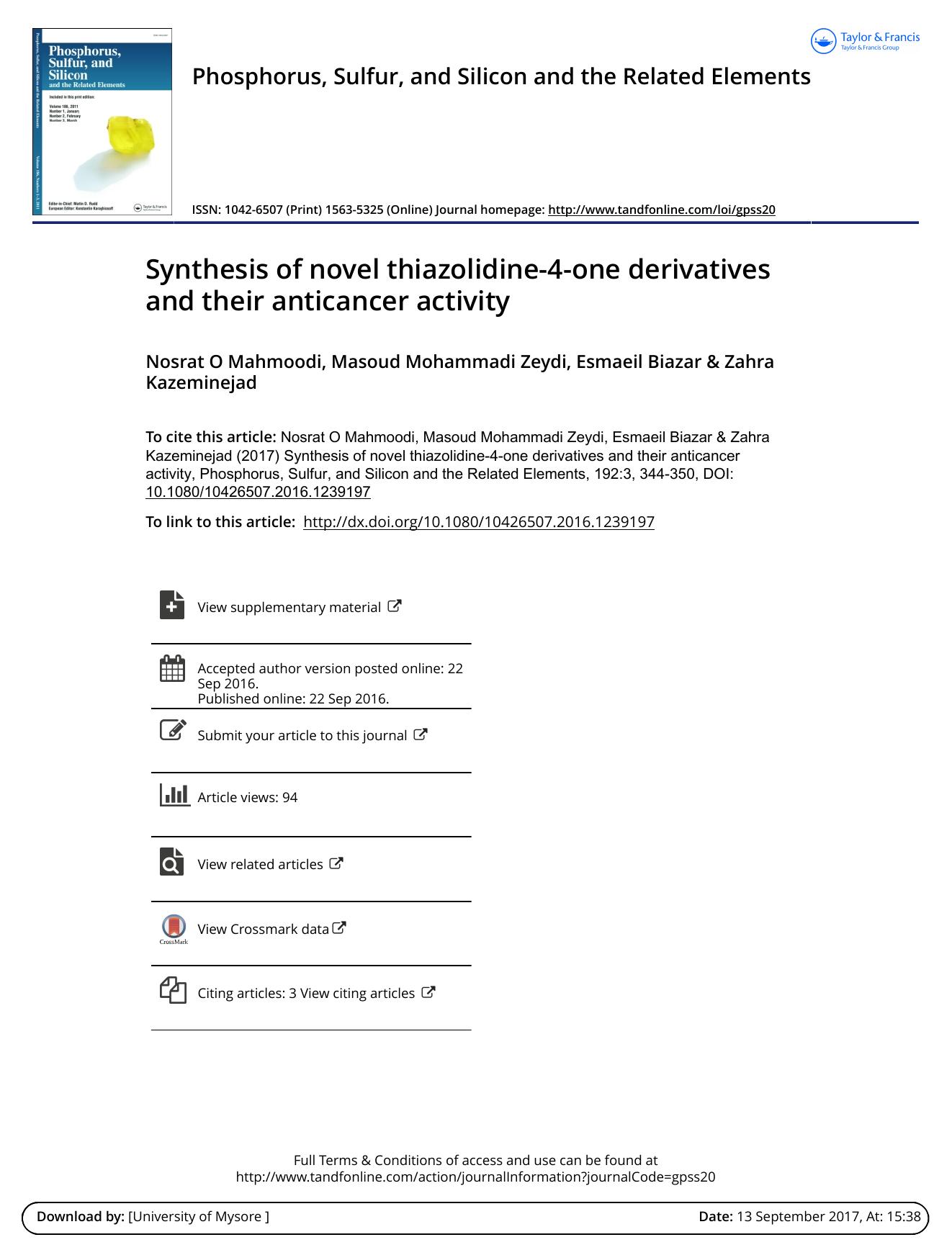 Synthesis of novel thiazolidine-4-one derivatives and their anticancer activity by Nosrat O Mahmoodi & Masoud Mohammadi Zeydi & Esmaeil Biazar & Zahra Kazeminejad
