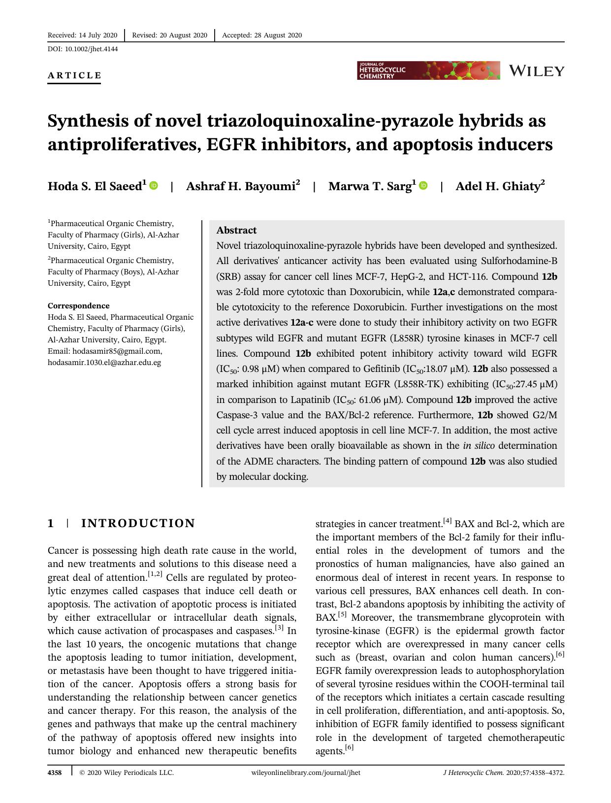 Synthesis of novel triazoloquinoxaline-pyrazole hybrids as antiproliferatives, EGFR inhibitors and apoptosis inducers by Unknown