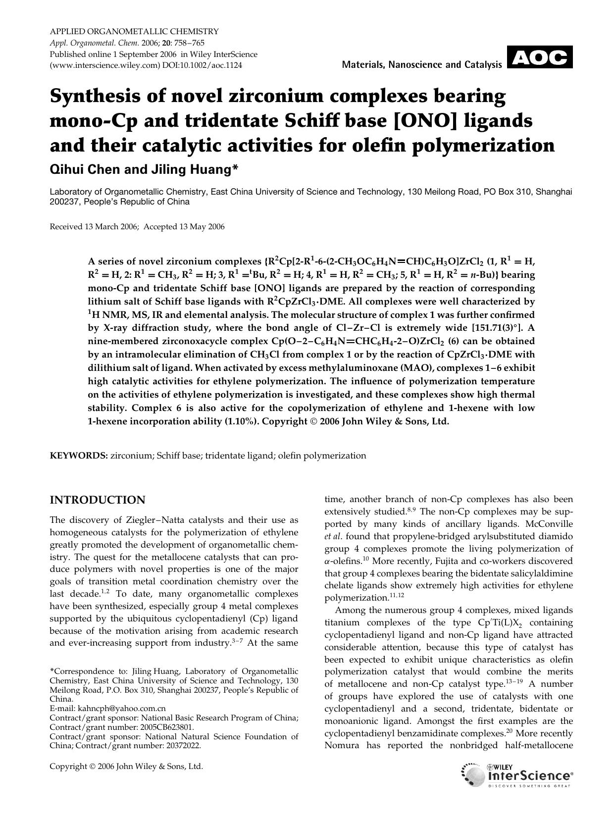 Synthesis of novel zirconium complexes bearing mono-Cp and tridentate Schiff base [ONO] ligands and their catalytic activities for olefin polymerization by Unknown