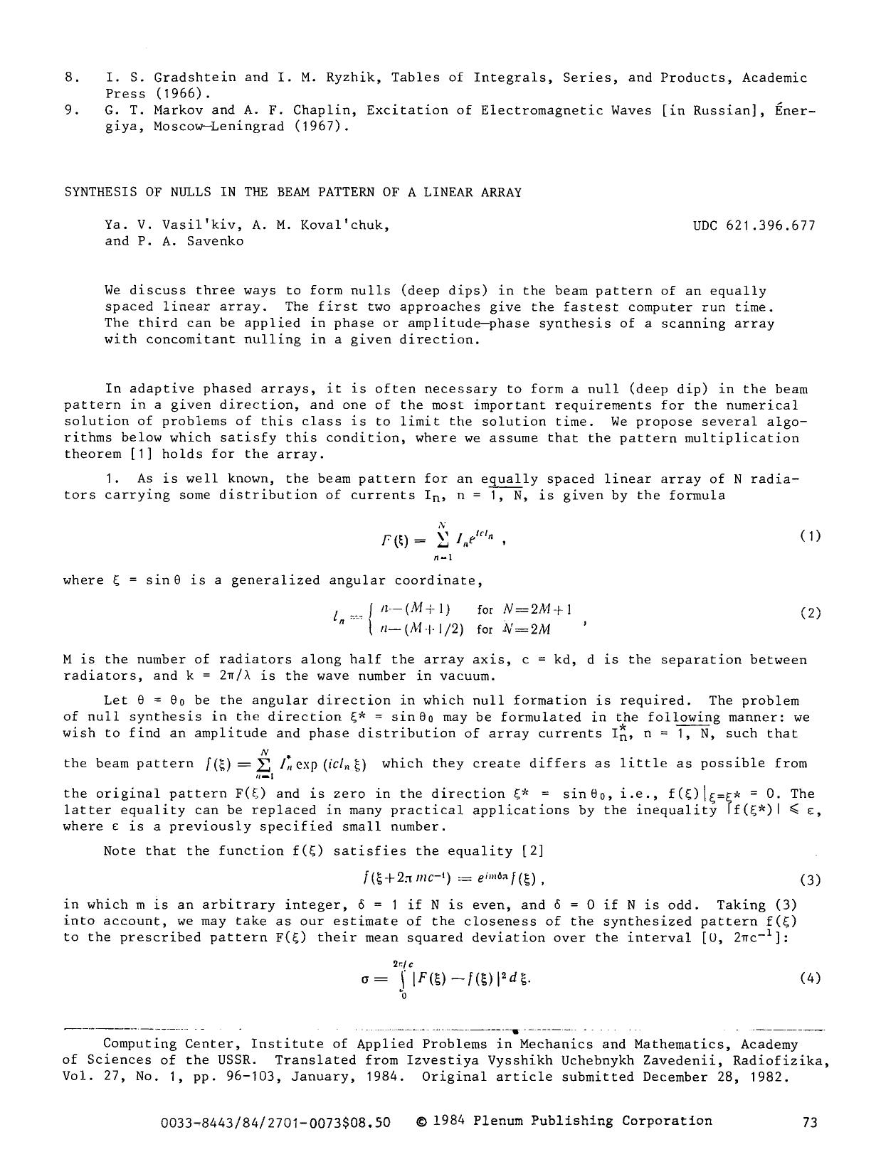 Synthesis of nulls in the beam pattern of a linear array by Unknown