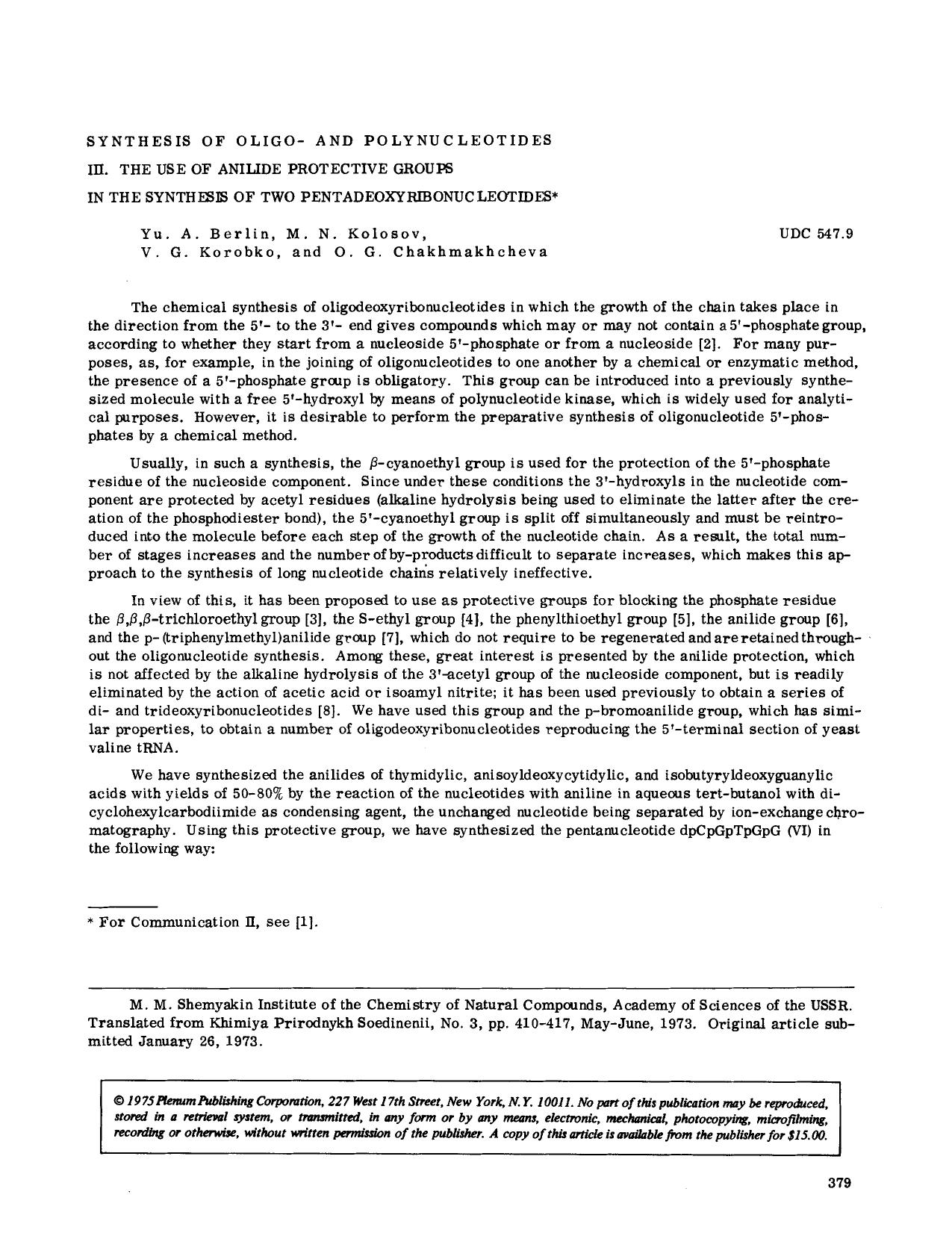 Synthesis of oligo- and polyuncleotides III. The use of anilide protective groups in the synthesis of two pentadeoxyribonucleotides by Unknown
