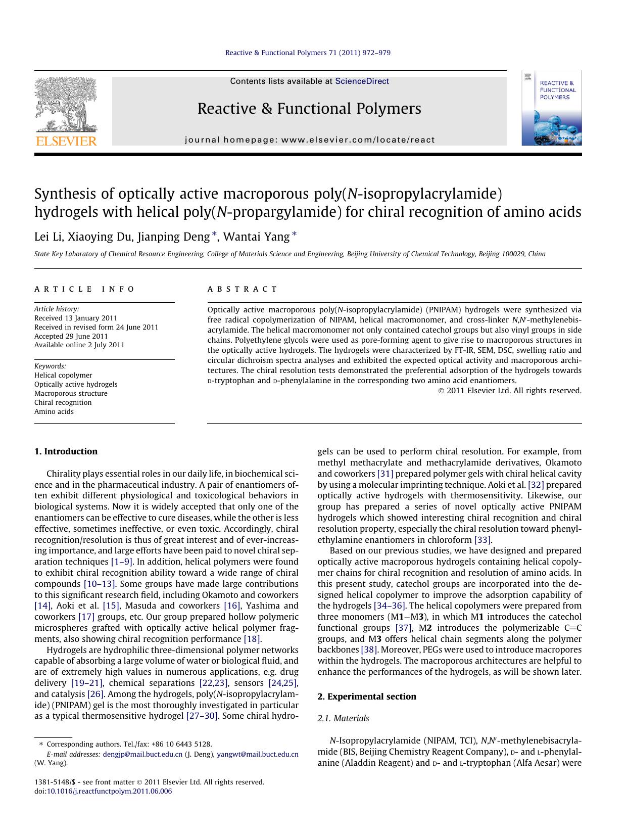 Synthesis of optically active macroporous poly(N-isopropylacrylamide) hydrogels with helical poly(N-propargylamide) for chiral recognition of amino acids by Lei Li & Xiaoying Du & Jianping Deng & Wantai Yang