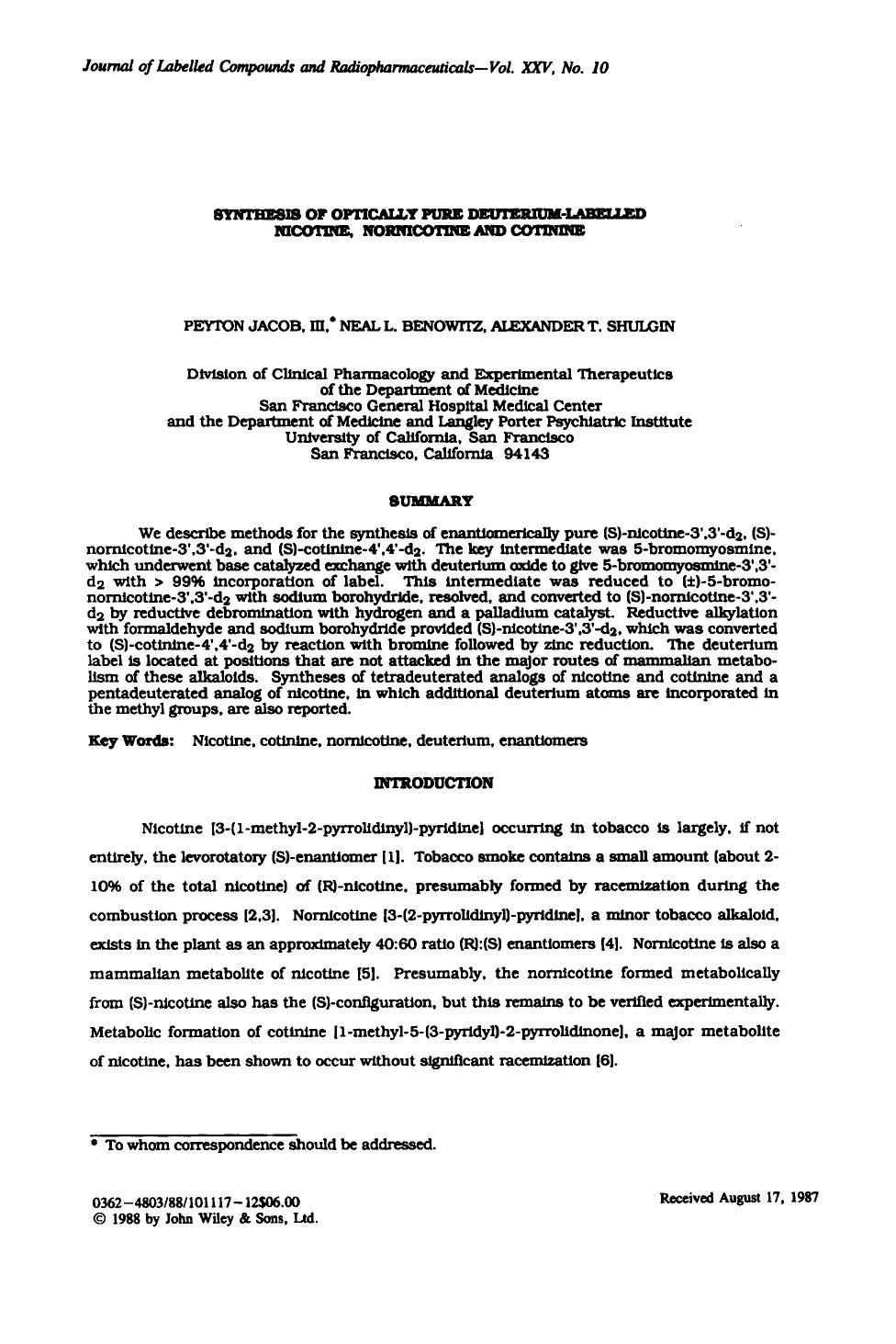 Synthesis of optically pure deuterium-labelled nicotine, nornicotine and cotinine by Unknown