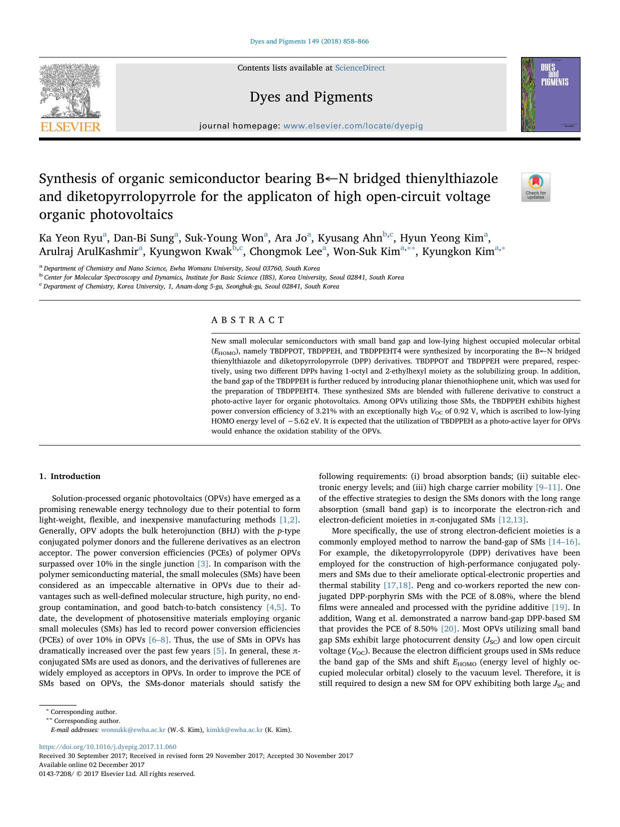 Synthesis of organic semiconductor bearing BâN bridged thienylthiazole and diketopyrrolopyrrole for the applicaton of high open-circuit voltage organic photovoltaics by unknow