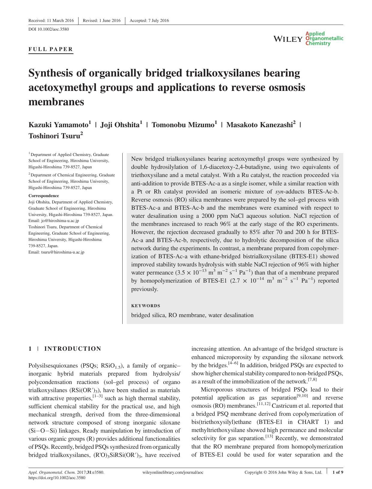 Synthesis of organically bridged trialkoxysilanes bearing acetoxymethyl groups and applications to reverse osmosis membranes by Kazuki Yamamoto Joji Ohshita Tomonobu Mizumo Masakoto Kanezashi Toshinori Tsuru