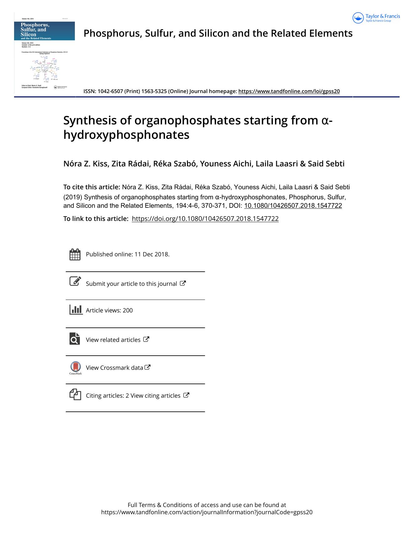 Synthesis of organophosphates starting from Î±-hydroxyphosphonates by Kiss Nóra Z. & Rádai Zita & Szabó Réka & Aichi Youness & Laasri Laila & Sebti Said