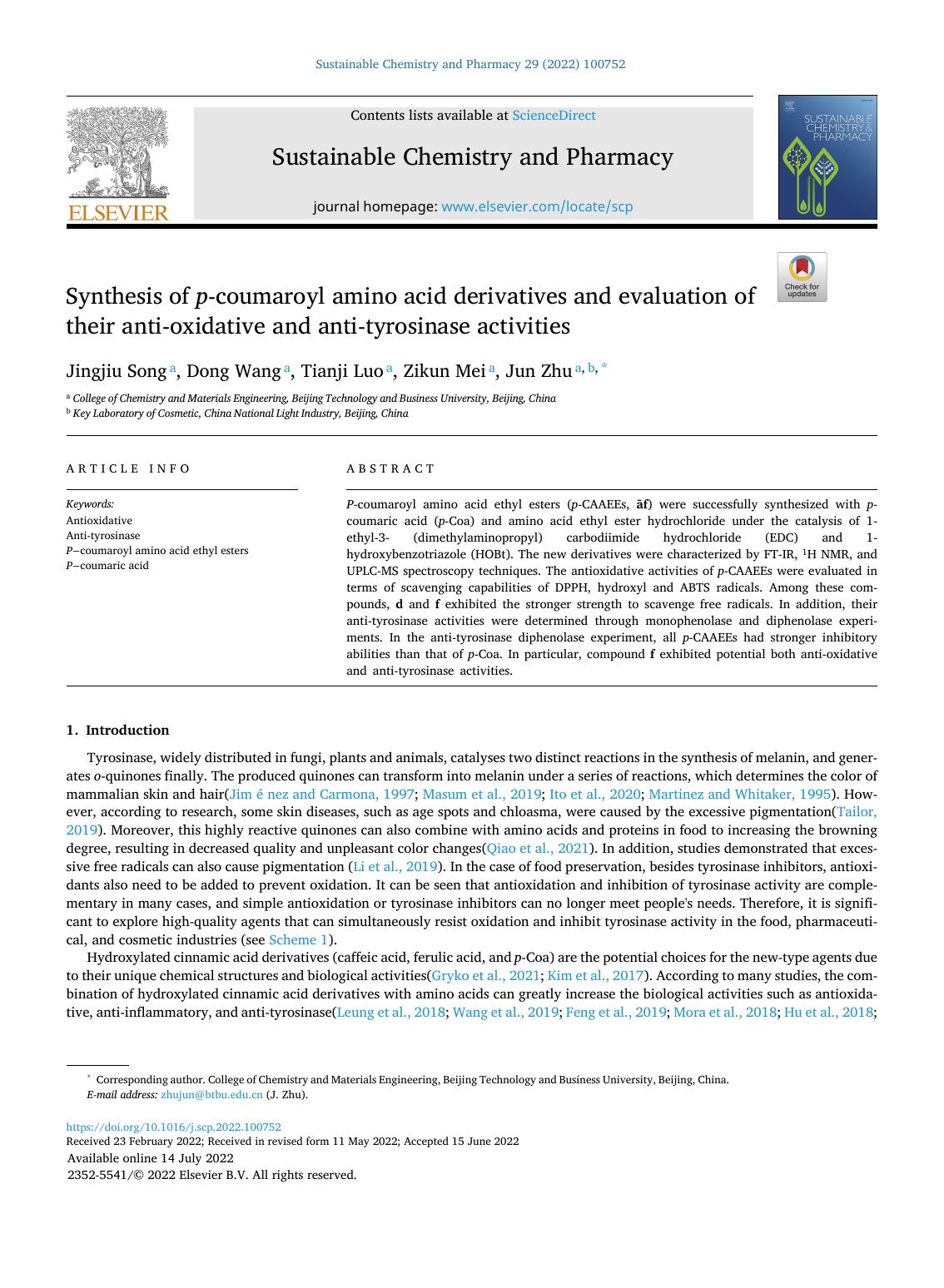 Synthesis of p -coumaroyl amino acid derivatives and evaluation of their anti-oxidative and anti-tyrosinase activities by Jingjiu Song & Dong Wang & Tianji Luo & Zikun Mei & Jun Zhu