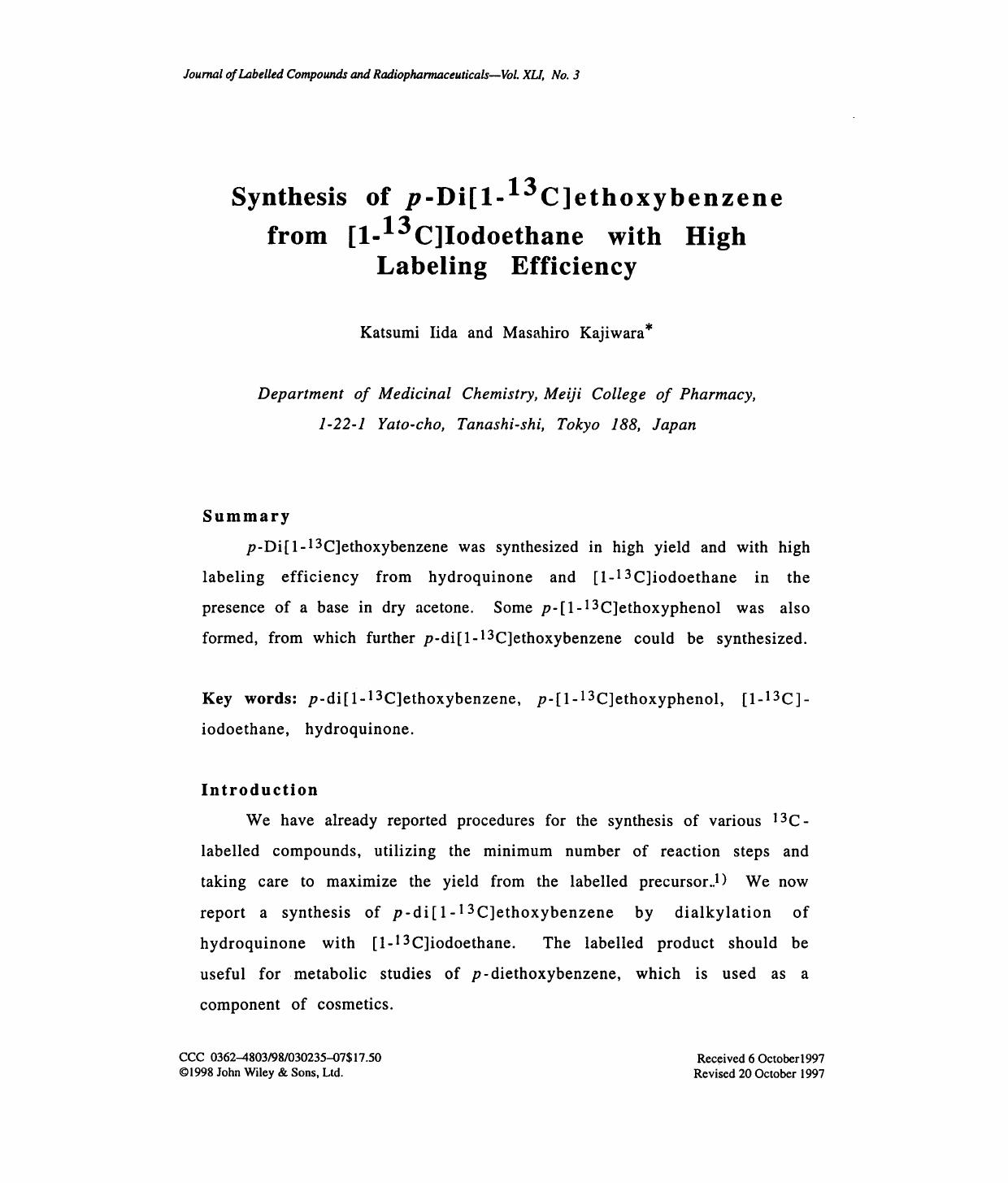 Synthesis of p-Di[1-13C]ethoxybenzene from [1-13C]iodoethane with high labeling efficiency by Unknown