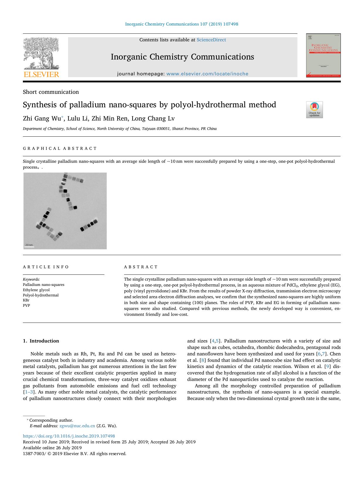Synthesis of palladium nano-squares by polyol-hydrothermal method by Zhi Gang Wu & Lulu Li & Zhi Min Ren & Long Chang Lv