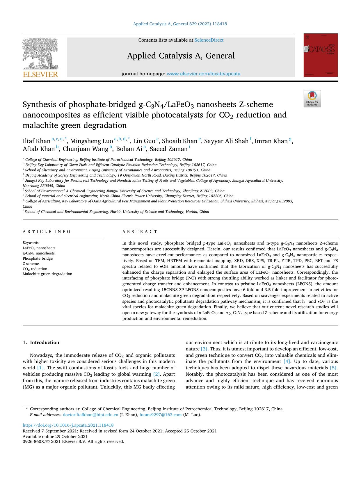 Synthesis of phosphate-bridged g-C3N4LaFeO3 nanosheets Z-scheme nanocomposites as efficient visible photocatalysts for CO2 reduction and malachite green degradation by unknow