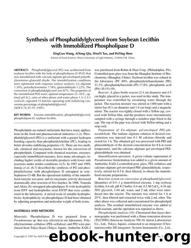 Synthesis of phosphatidylglycerol from soybean lecithin with immobilized phospholipase D by Unknown