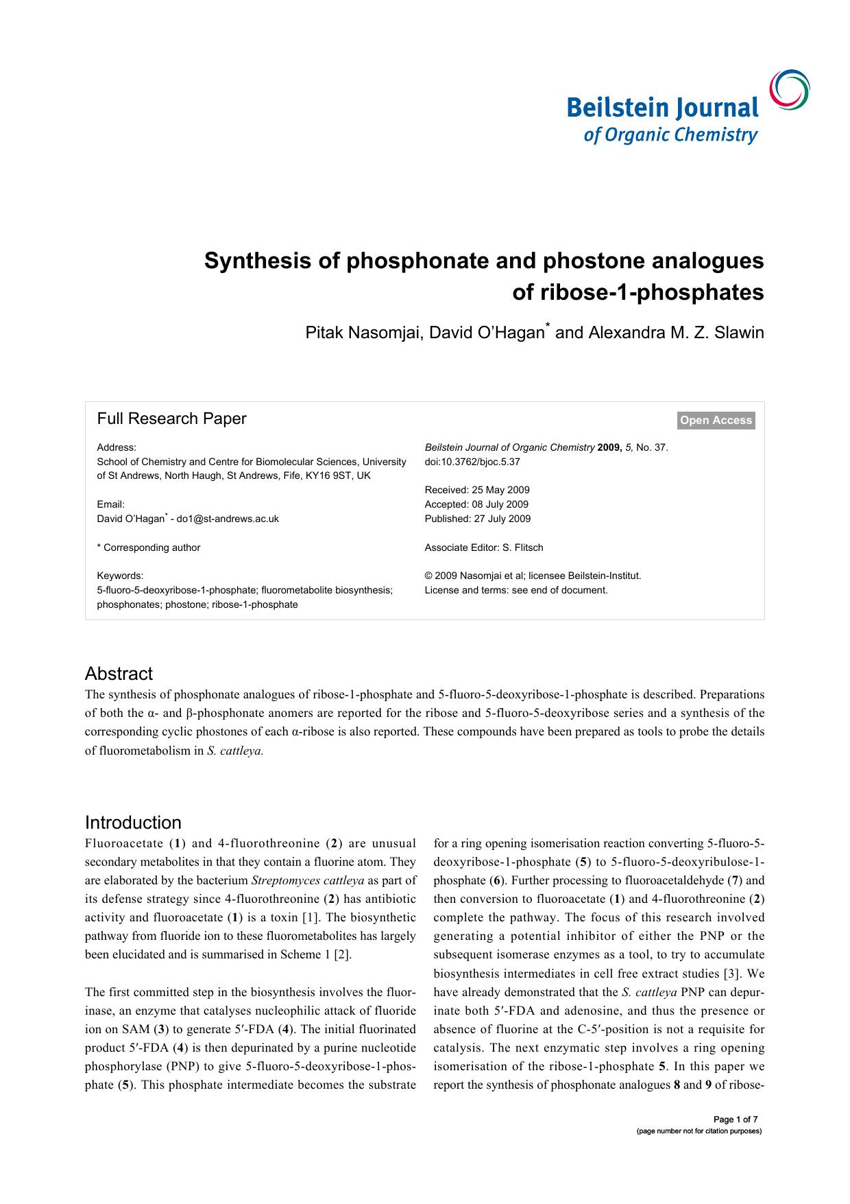 Synthesis of phosphonate and phostone analogues of ribose-1-phosphates by Pitak Nasomjai David O’Hagan Alexandra M Z Slawin
