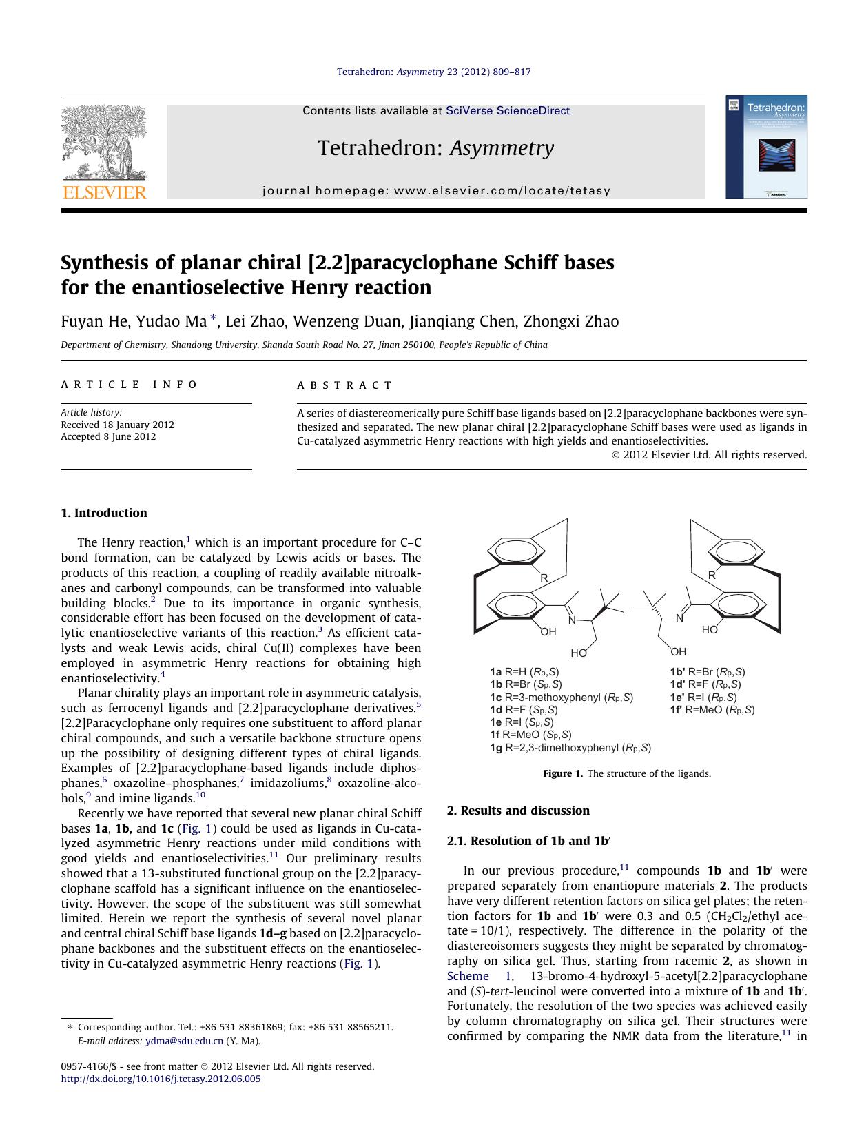 Synthesis of planar chiral [2.2]paracyclophane Schiff bases for the enantioselective Henry reaction by Fuyan He & Yudao Ma & Lei Zhao & Wenzeng Duan & Jianqiang Chen & Zhongxi Zhao