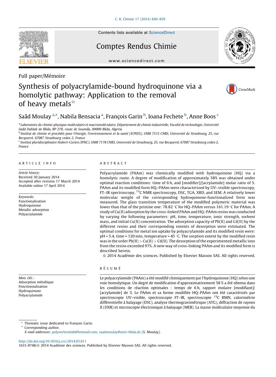 Synthesis of polyacrylamide-bound hydroquinone via a homolytic pathway: Application to the removal of heavy metals by Saâd Moulay & Nabila Bensacia & François Garin & Ioana Fechete & Anne Boos