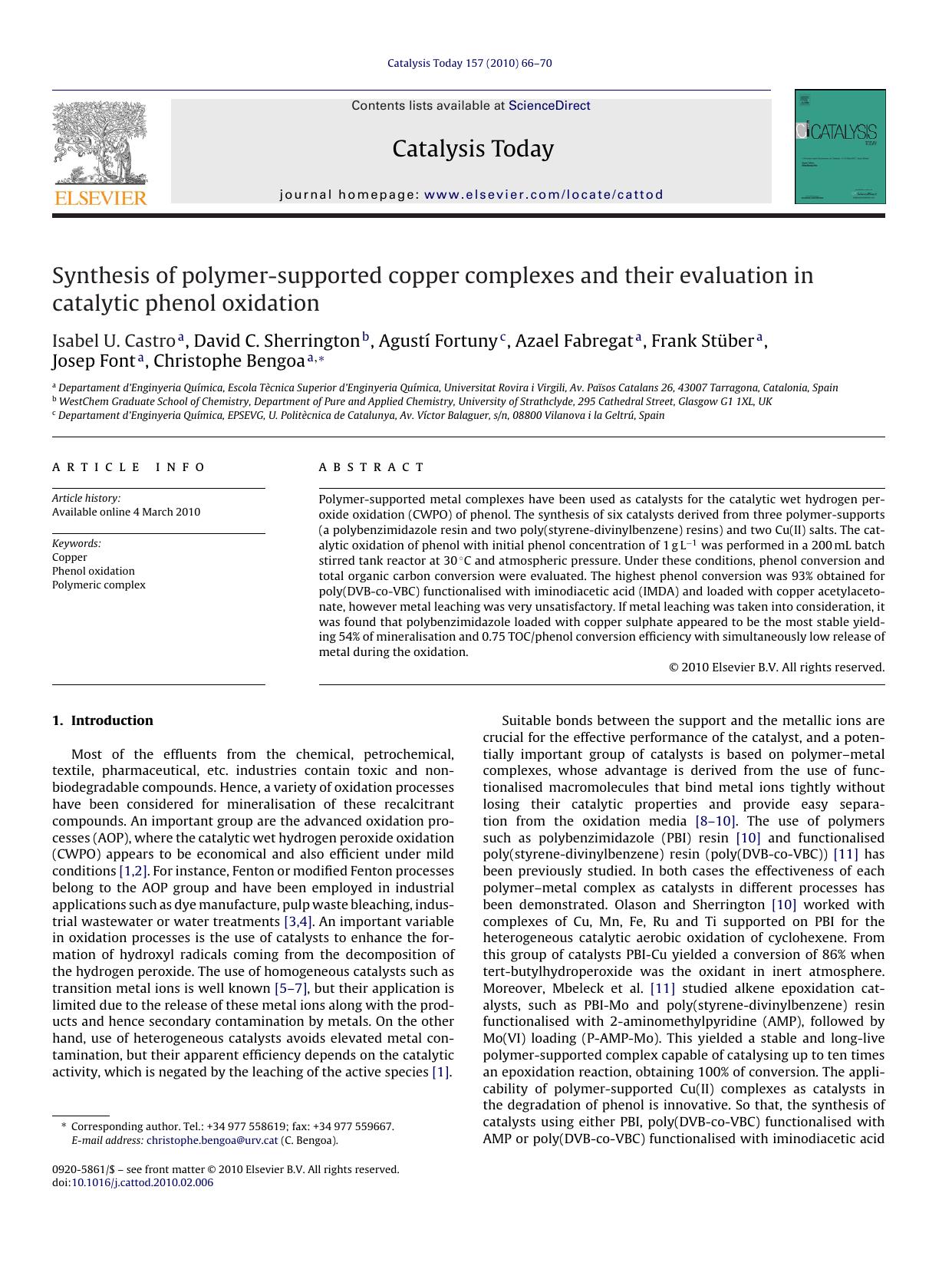 Synthesis of polymer-supported copper complexes and their evaluation in catalytic phenol oxidation by Isabel U. Castro
