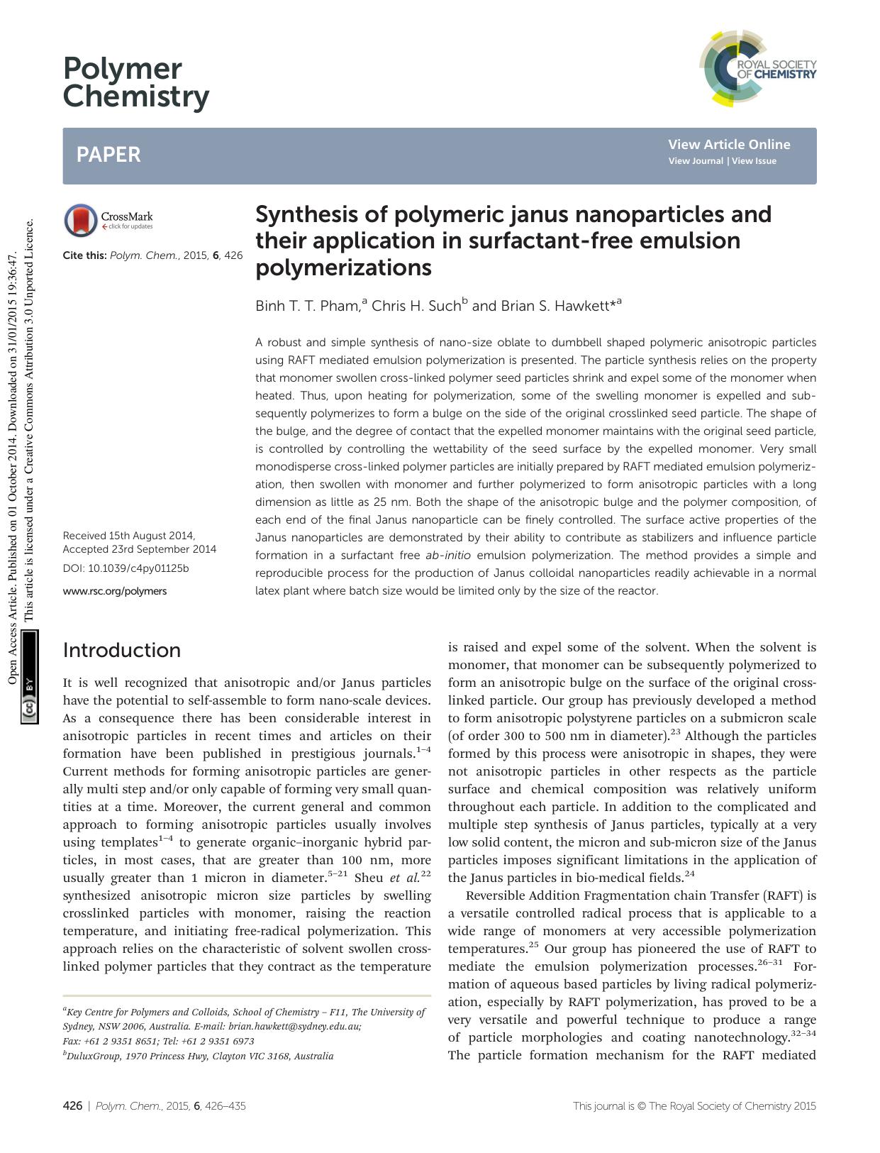 Synthesis of polymeric janus nanoparticles and their application in surfactant-free emulsion polymerizations by Binh T. T. Pham Chris H. Such Brian S. Hawkett