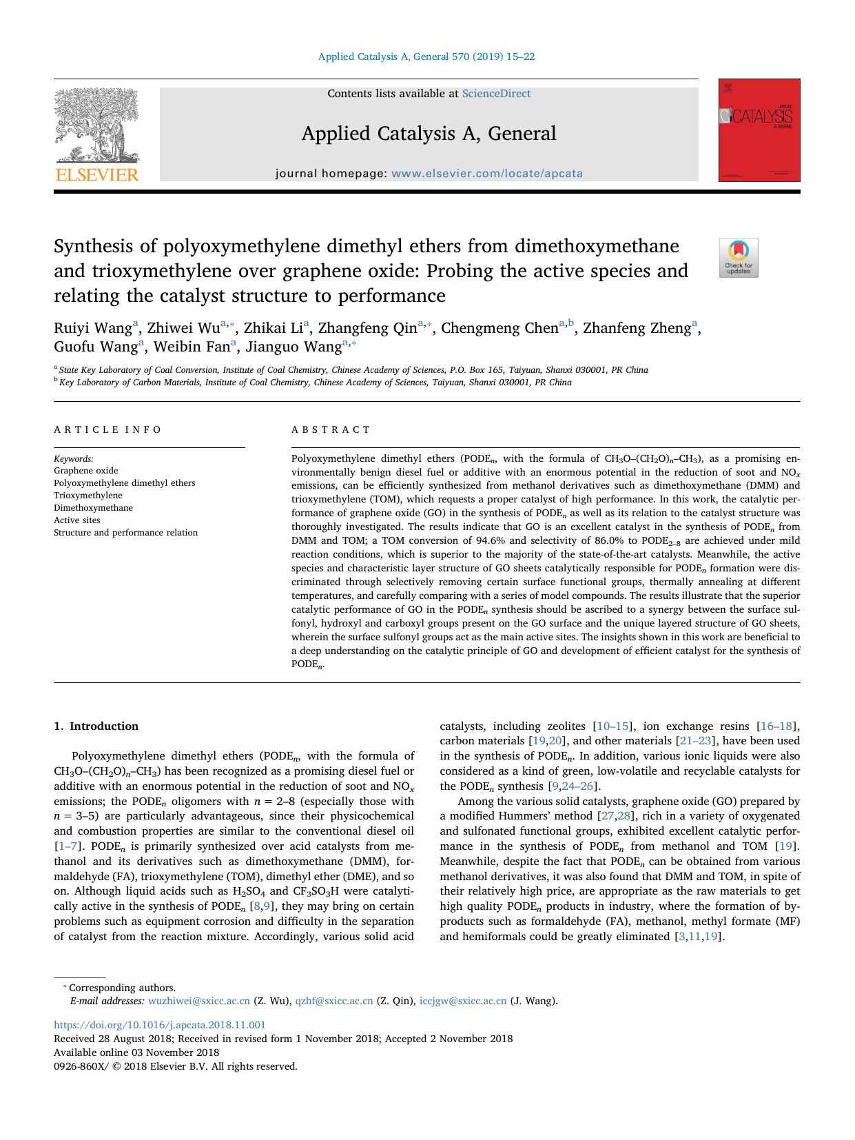 Synthesis of polyoxymethylene dimethyl ethers from dimethoxymethane and trioxymethylene over graphene oxide_ Probing the active species and relating the catalyst structure to performance by unknow
