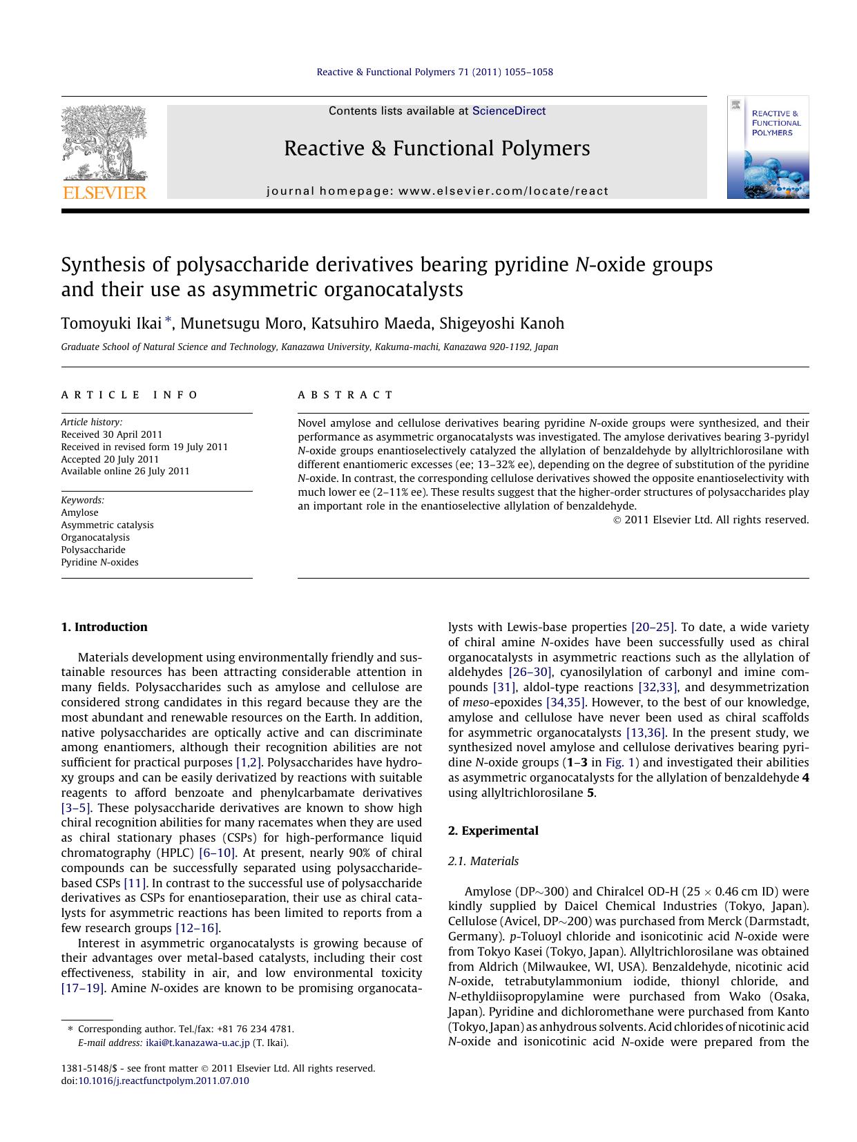 Synthesis of polysaccharide derivatives bearing pyridine N-oxide groups and their use as asymmetric organocatalysts by Tomoyuki Ikai & Munetsugu Moro & Katsuhiro Maeda & Shigeyoshi Kanoh
