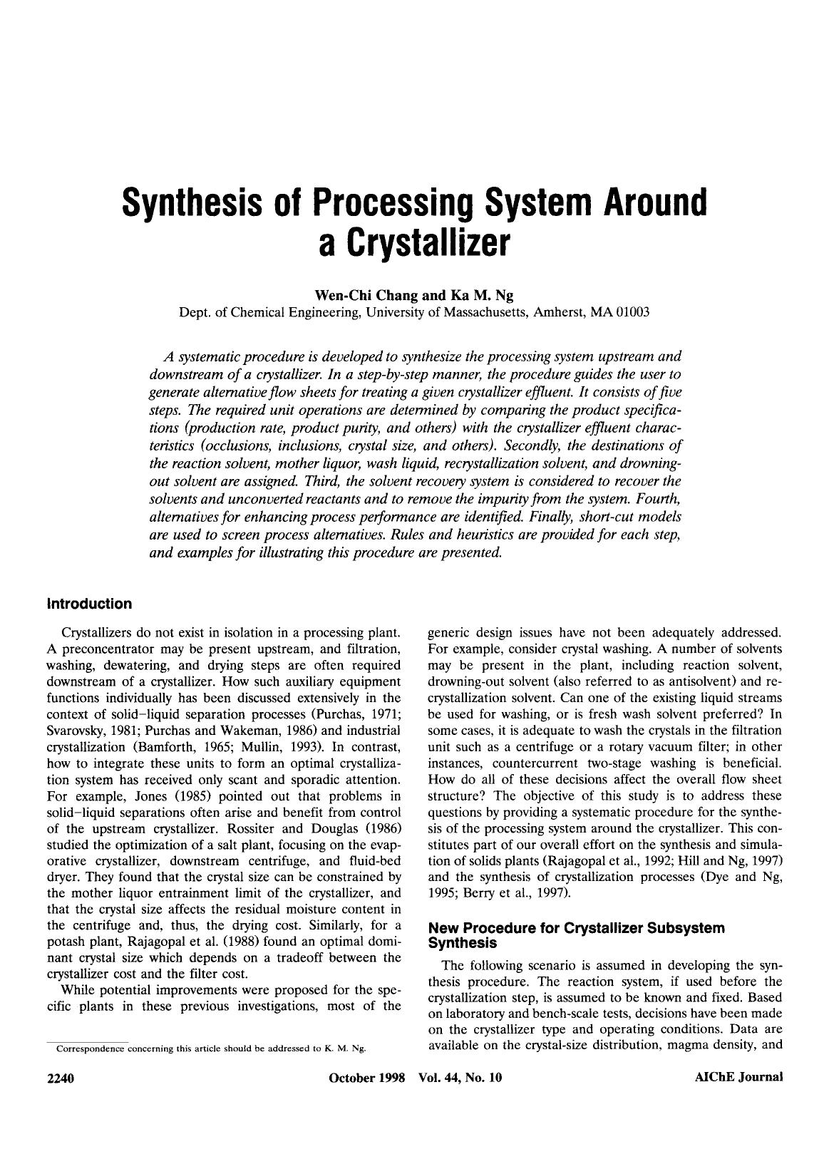Synthesis of processing system around a crystallizer by Unknown