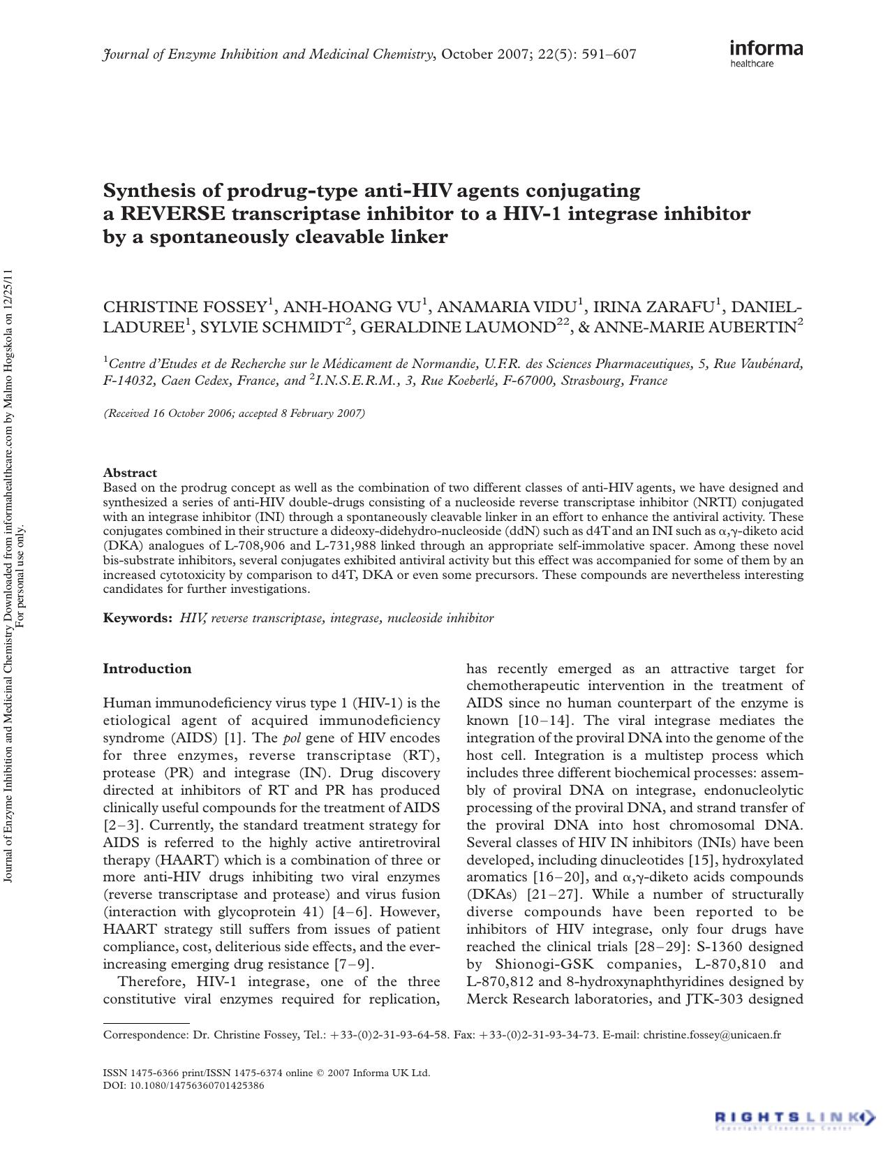 Synthesis of prodrug-type anti-HIV agents conjugating a REVERSE transcriptase inhibitor to a HIV-1 integrase inhibitor by a spontaneously cleavable linker by unknow