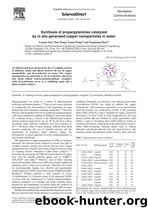 Synthesis of propargylamines catalyzed by in situ generated copper nanoparticles in water by Ya-juan Fan & Dan Wang & Liang Wang & Yongsheng Zhou