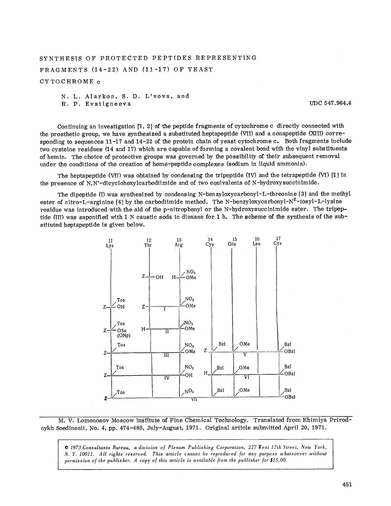 Synthesis of protected peptides representing fragments (14&#x2013;22) and (11&#x2013;17) of yeast cytochrome c by Unknown