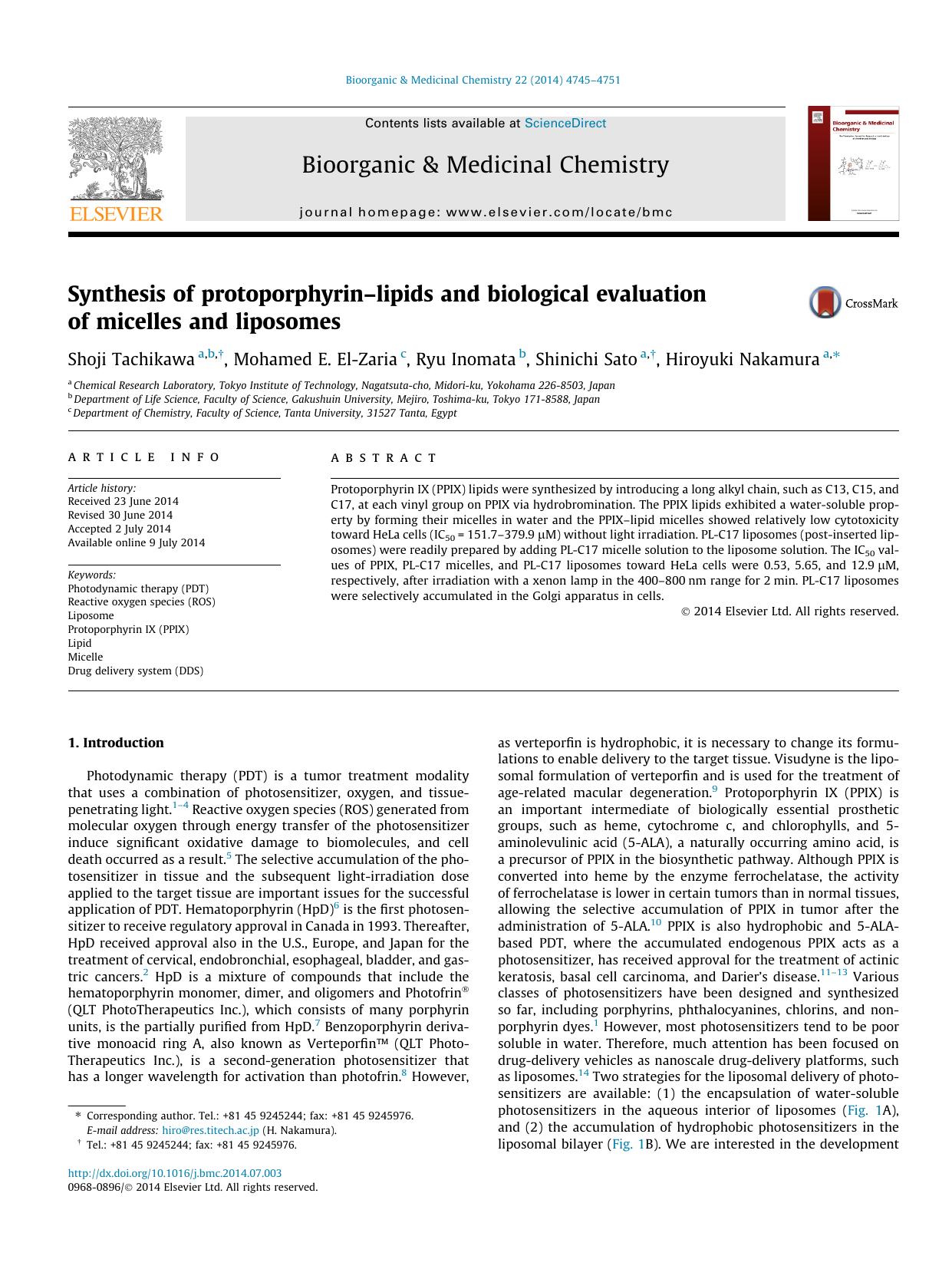 Synthesis of protoporphyrinÃ¢â¬âlipids and biological evaluation of micelles and liposomes by Shoji Tachikawa & Mohamed E. El-Zaria & Ryu Inomata & Shinichi Sato & Hiroyuki Nakamura