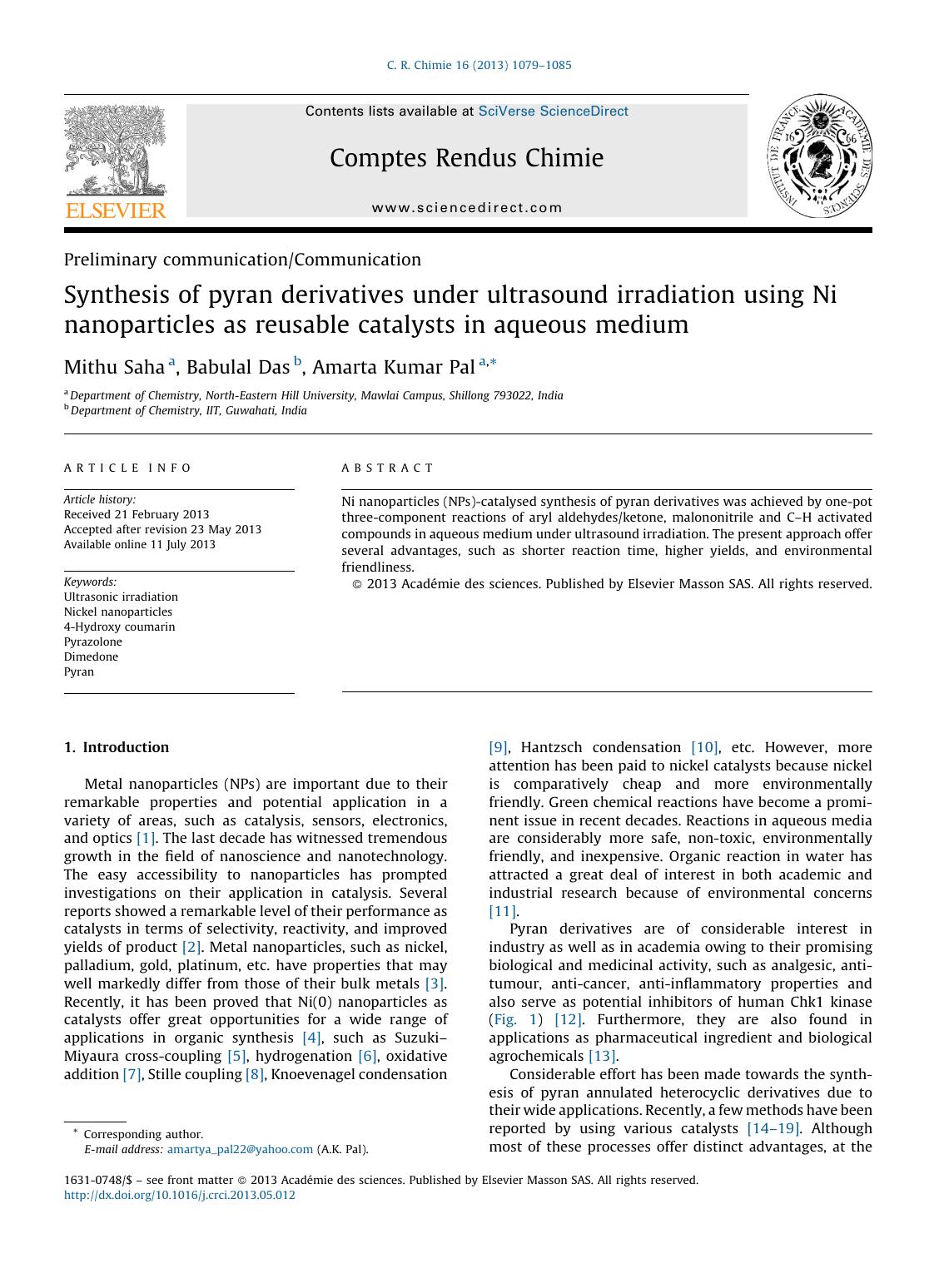 Synthesis of pyran derivatives under ultrasound irradiation using Ni nanoparticles as reusable catalysts in aqueous medium by Mithu Saha