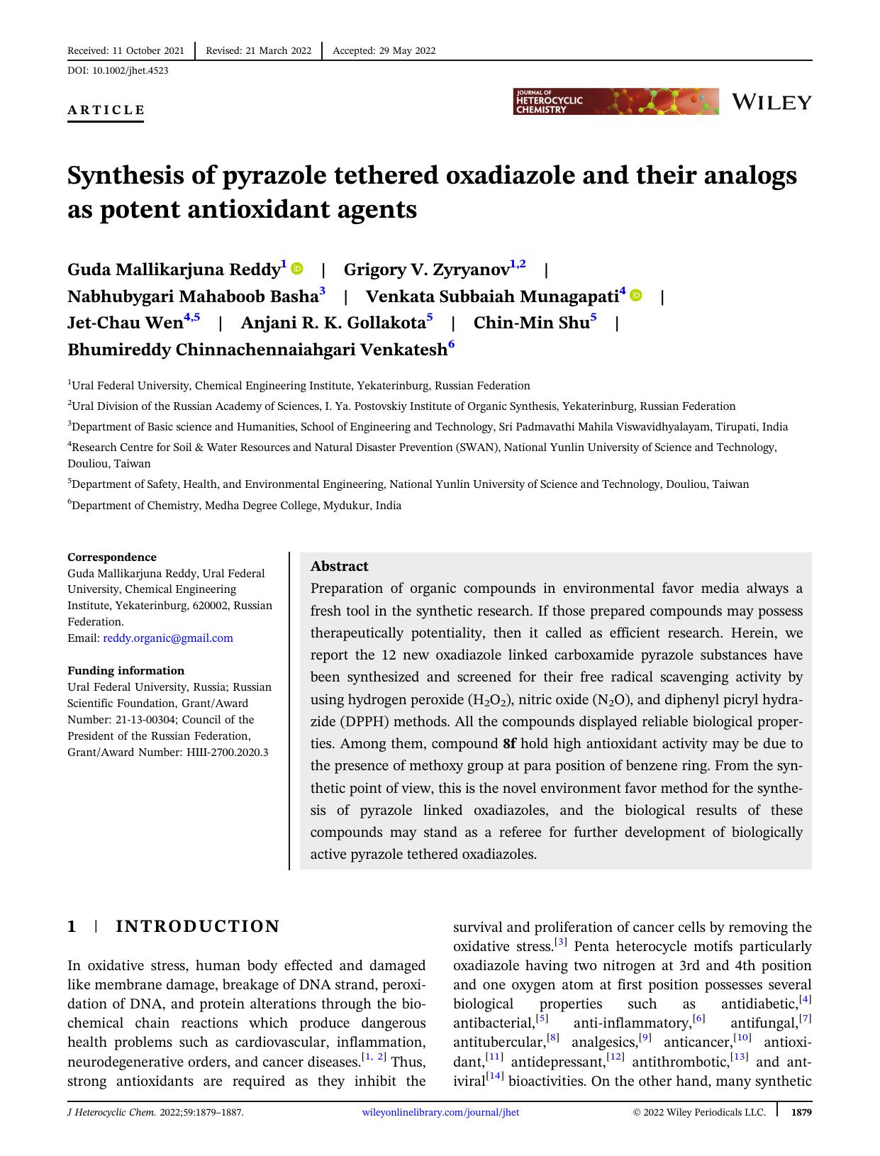 Synthesis of pyrazole tethered oxadiazole and their analogs as potent antioxidant agents by Unknown