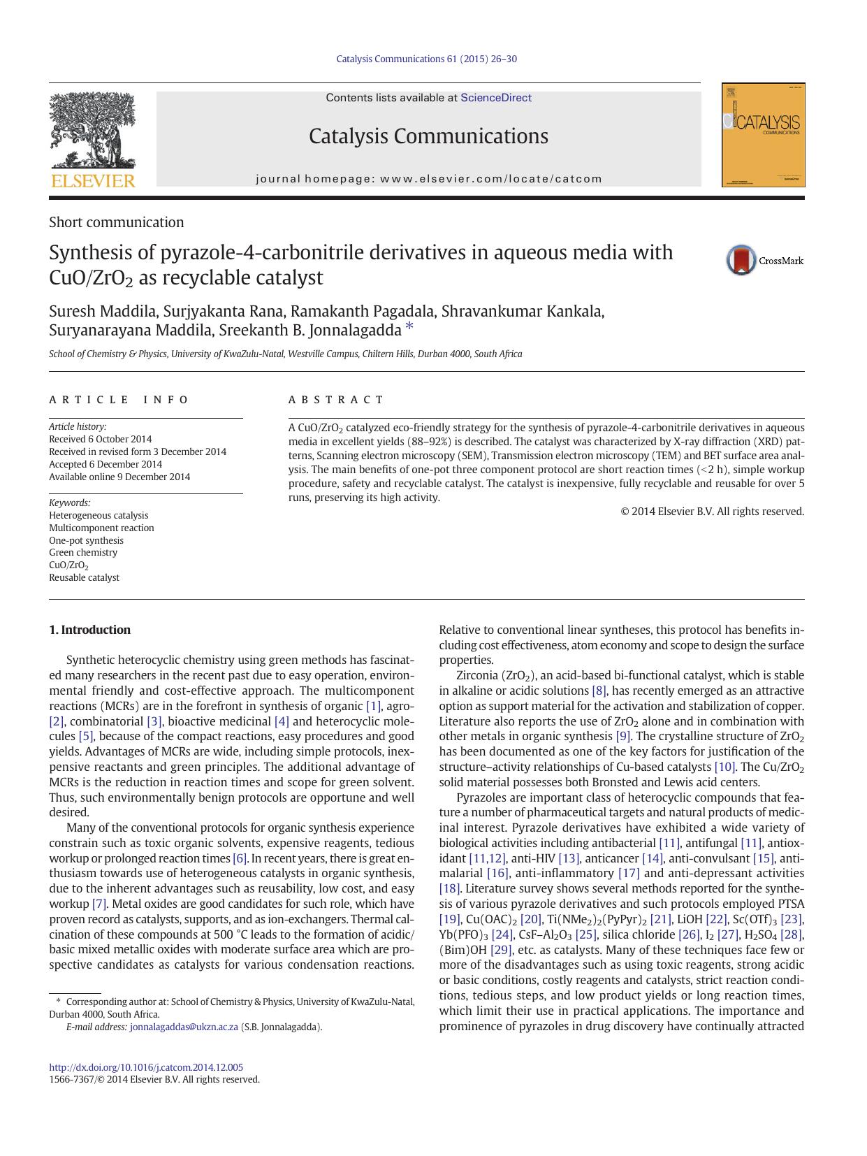 Synthesis of pyrazole-4-carbonitrile derivatives in aqueous media with CuOZrO2 as recyclable catalyst by unknow