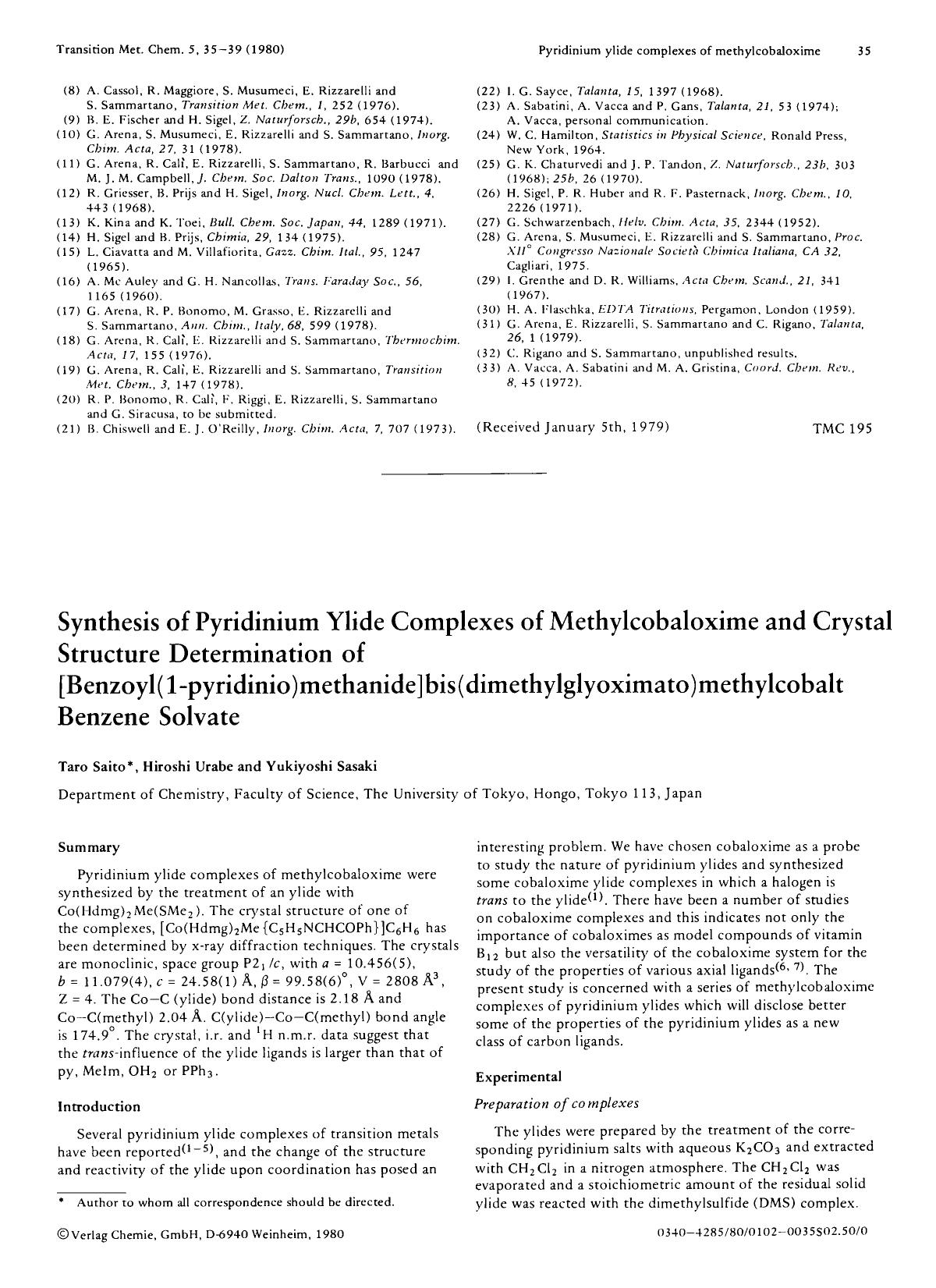 Synthesis of pyridinium ylide complexes of methylcobaloxime and crystal structure determination of [benzoyl(1-pyridinio)methanide]bis(dimethylglyoximato)methylcobalt benzene solvate by Unknown