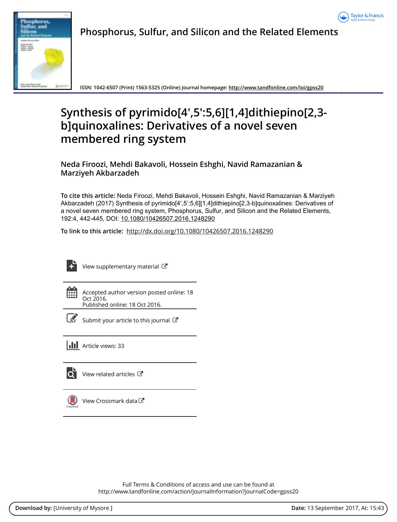 Synthesis of pyrimido[4,5:5,6][1,4]dithiepino[2,3-b]quinoxalines: Derivatives of a novel seven membered ring system by Neda Firoozi & Mehdi Bakavoli & Hossein Eshghi & Navid Ramazanian & Marziyeh Akbarzadeh