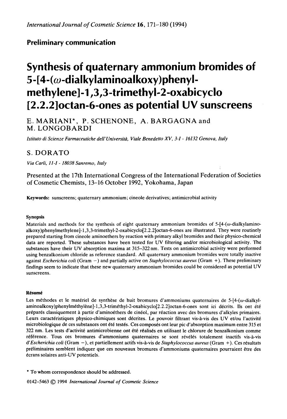 Synthesis of quaternary ammonium bromides of 5-[4-(Ï-dialkylaminoalkoxy)phenyl-methylene]-1, 3, 3-trimethyl-2-oxabicyclo [2.2.2]octan-6-ones as potential UV sunscreens by Unknown