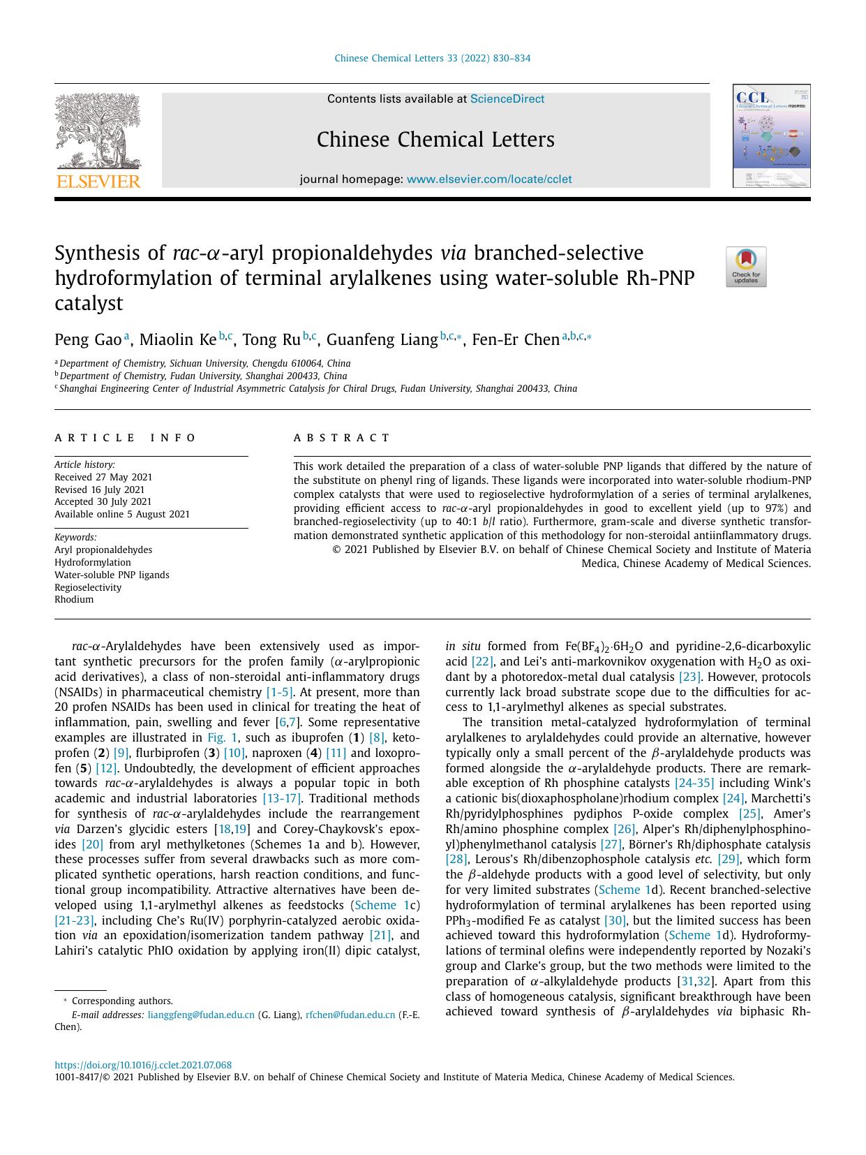 Synthesis of rac--aryl propionaldehydes via branched-selective hydroformylation of terminal arylalkenes using water-soluble Rh-PNP catalyst by Peng Gao & Miaolin Ke & Tong Ru & Guanfeng Liang & Fen-Er Chen