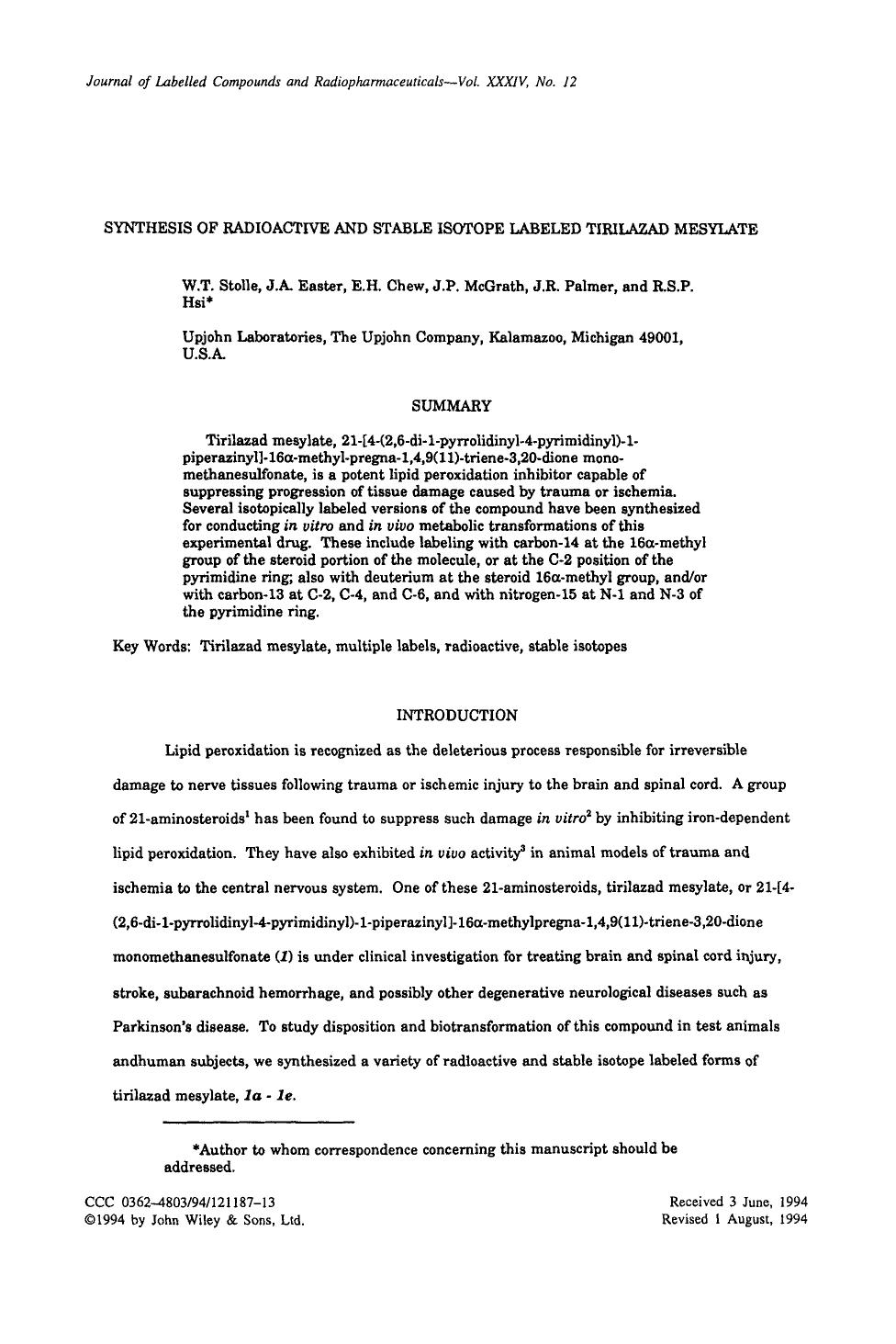 Synthesis of radioactive and stable isotope labeled tirilazad mesylate by Unknown