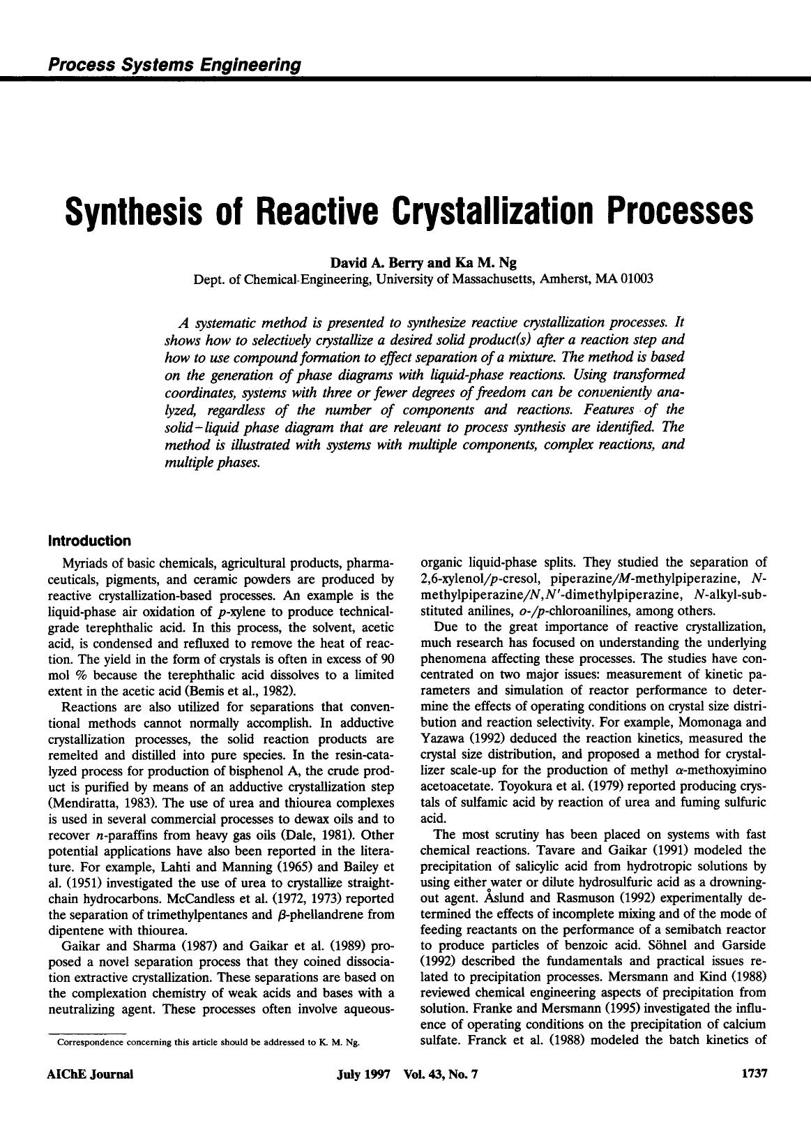 Synthesis of reactive crystallization processes by Unknown