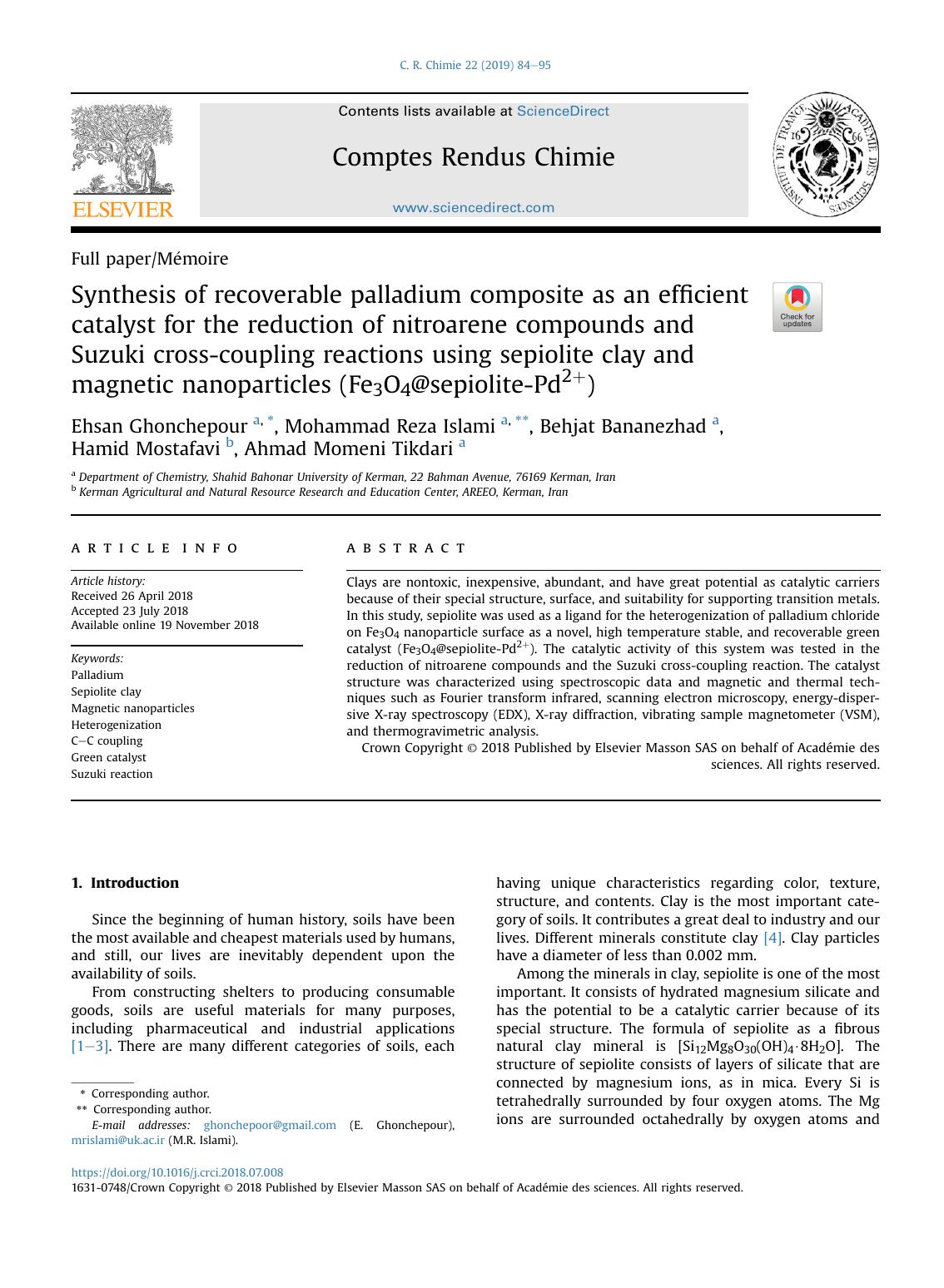 Synthesis of recoverable palladium composite as an efficient catalyst for the reduction of nitroarene compounds and Suzuki cross-coupling reactions using sepiolite clay and magneti by unknow