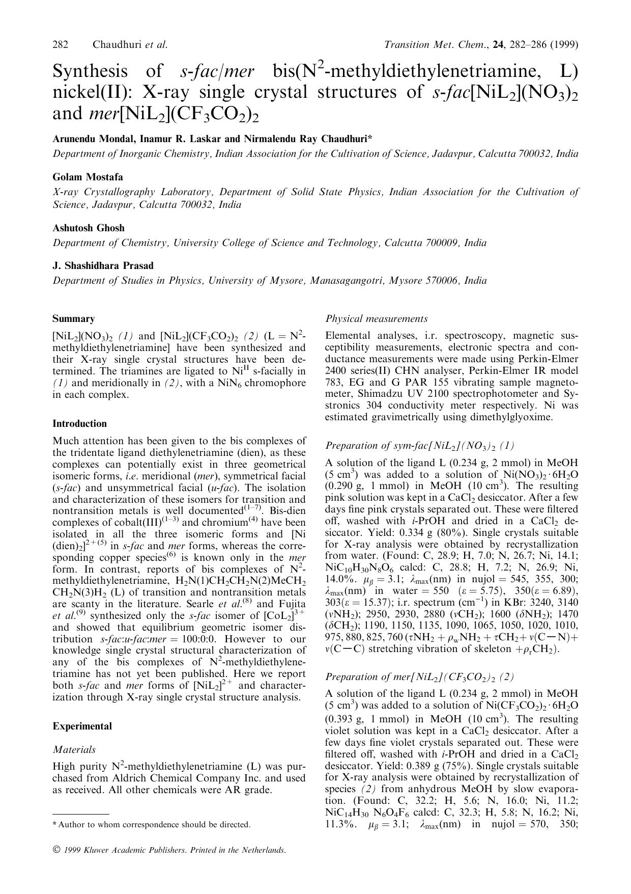 Synthesis of s-facmer bis(N2-methyldiethylenetriamine, L) nickel(II): X-ray single crystal structures of s-fac[NiL2](NO3)2 and mer[NiL2](CF3CO2)2 by Unknown