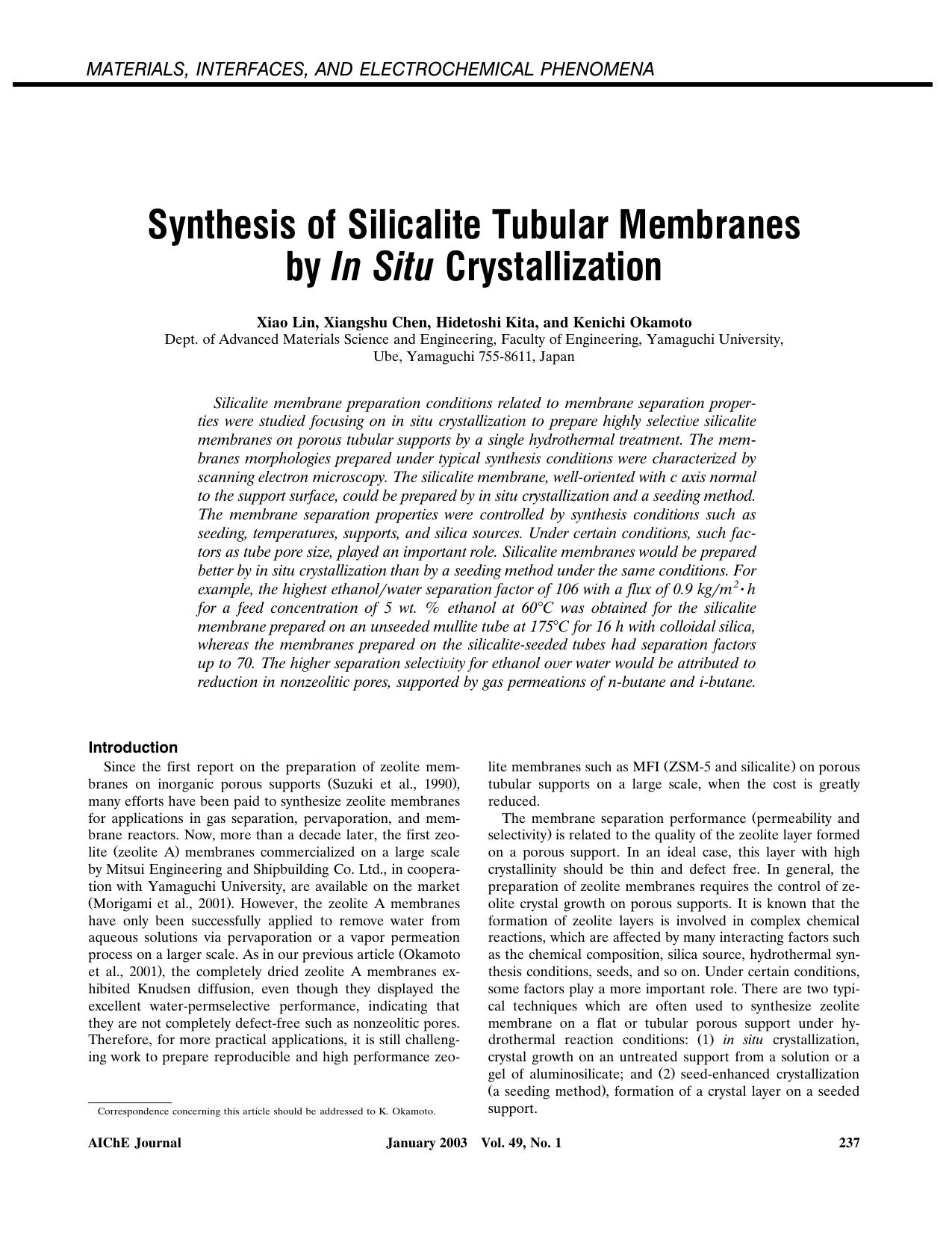 Synthesis of silicalite tubular membranes by in situ crystallization by ?