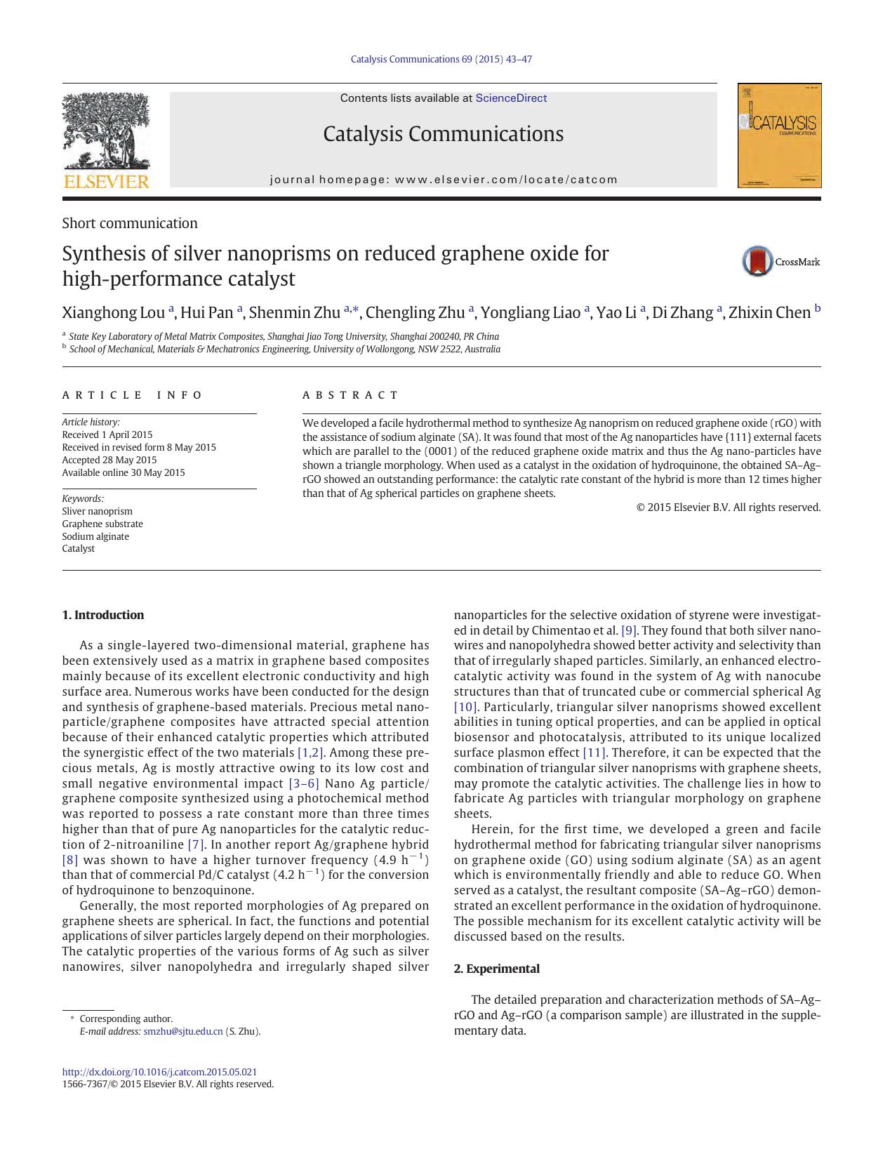 Synthesis of silver nanoprisms on reduced graphene oxide for high-performance catalyst by unknow