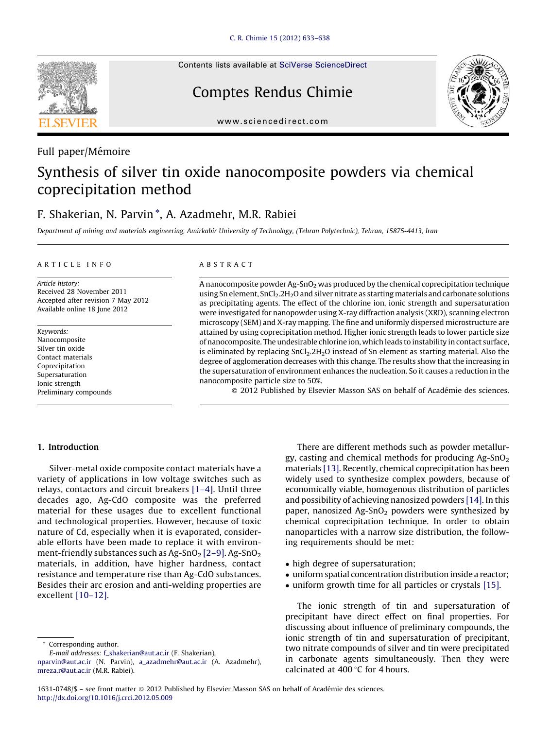Synthesis of silver tin oxide nanocomposite powders via chemical coprecipitation method by F. Shakerian & N. Parvin & A. Azadmehr & M.R. Rabiei