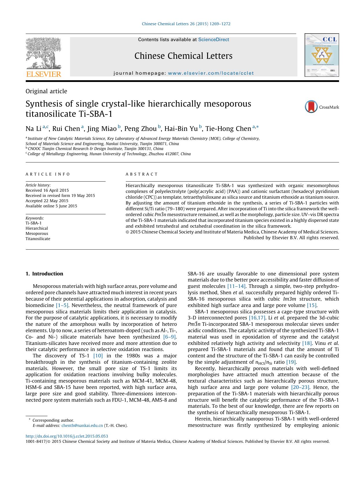 Synthesis of single crystal-like hierarchically mesoporous titanosilicate Ti-SBA-1 by Na Li & Rui Chen & Jing Miao & Peng Zhou & Hai-Bin Yu & Tie-Hong Chen