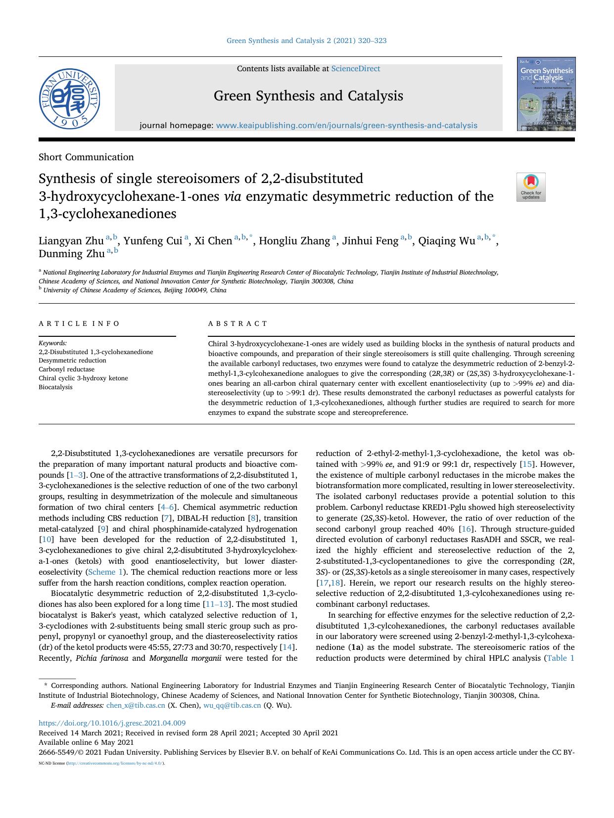 Synthesis of single stereoisomers of 2,2-disubstituted 3-hydroxycyclohexane-1-ones via enzymatic desymmetric reduction of the 1,3-cyclohexanediones by Liangyan Zhu
