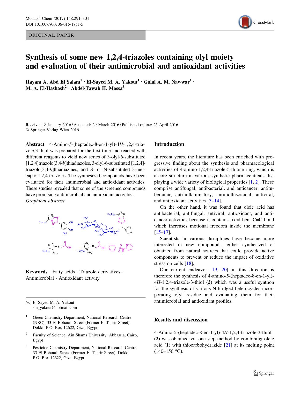 Synthesis of some new 1,2,4-triazoles containing olyl moiety and evaluation of their antimicrobial and antioxidant activities by unknow