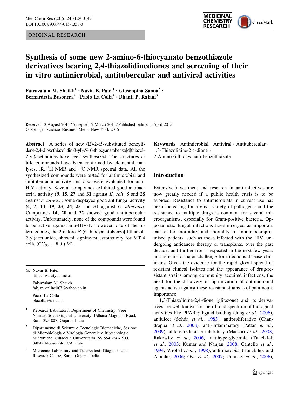 Synthesis of some new 2-amino-6-thiocyanato benzothiazole derivatives bearing 2,4-thiazolidinediones and screening of their in vitro antimicrobial, antitubercular and antiviral activities by unknow