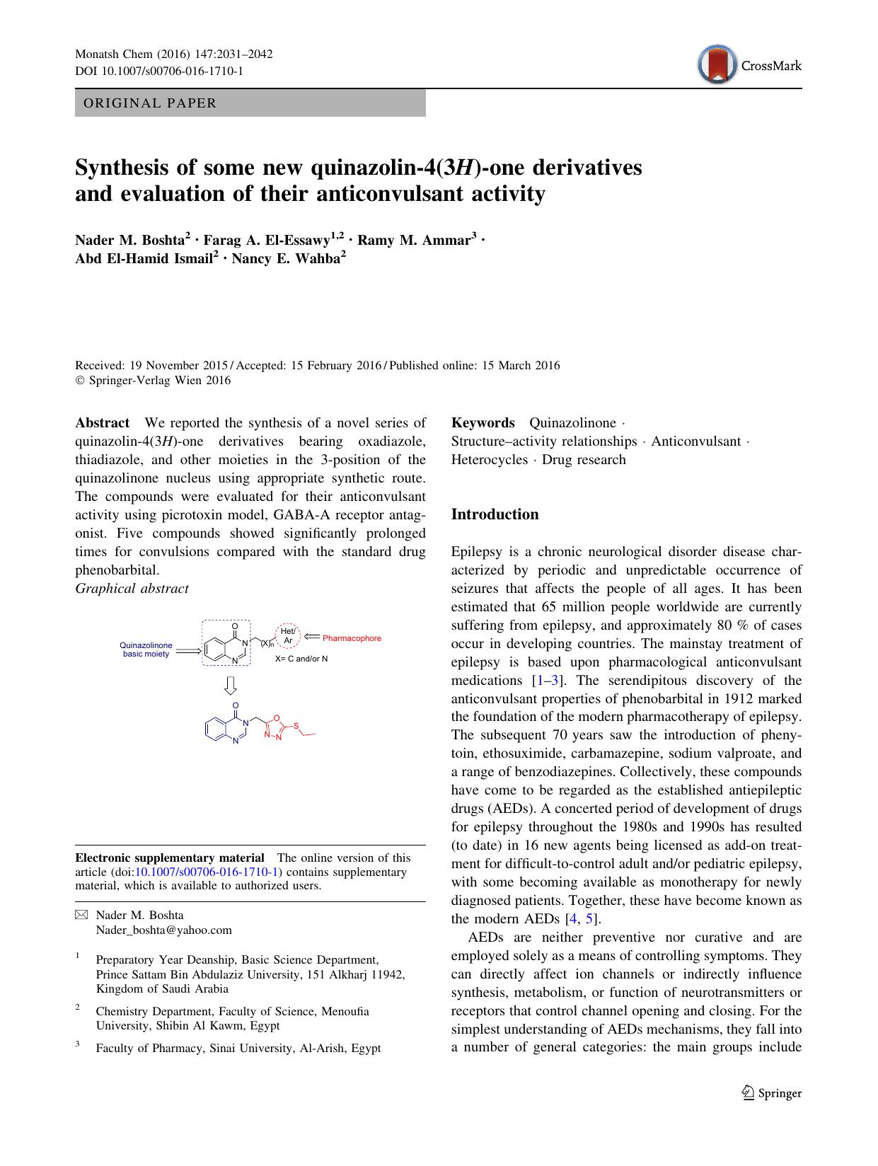 Synthesis of some new quinazolin-4(3H)-one derivatives and evaluation of their anticonvulsant activity by Nader M. Boshta & Farag A. El-Essawy & Ramy M. Ammar & Abd El-Hamid Ismail & Nancy E. Wahba