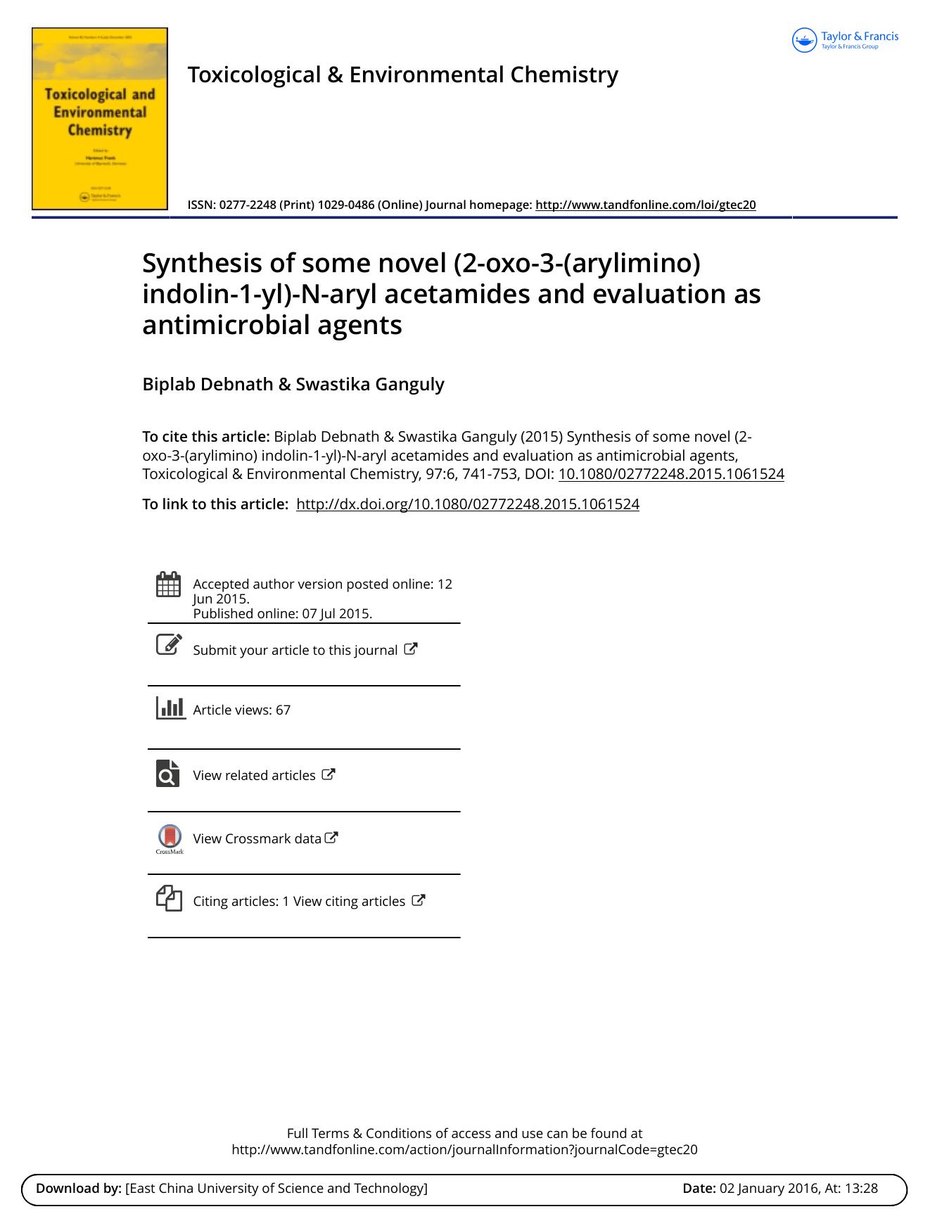 Synthesis of some novel \(2-oxo-3-\(arylimino\) indolin-1-yl\)-N-aryl acetamides and evaluation as antimicrobial agents by Biplab Debnath