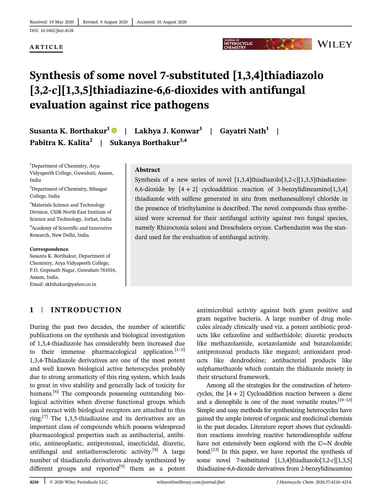 Synthesis of some novel 7-substituted [1,3,4]thiadiazolo[3,2-c][1,3,5]thiadiazine-6,6-dioxides with antifungal evaluation against rice pathogens by Unknown