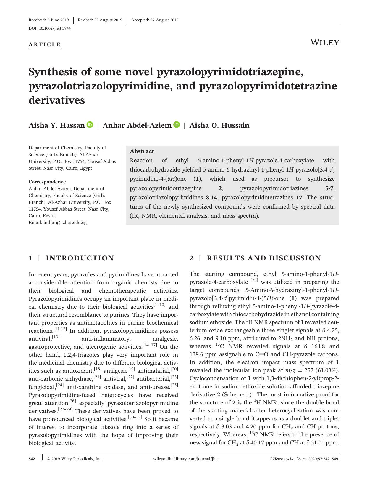 Synthesis of some novel pyrazolopyrimidotriazepine, pyrazolotriazolopyrimidine, and pyrazolopyrimidotetrazine derivatives by Aisha Y. Hassan Anhar Abdel‐Aziem Aisha O. Hussain
